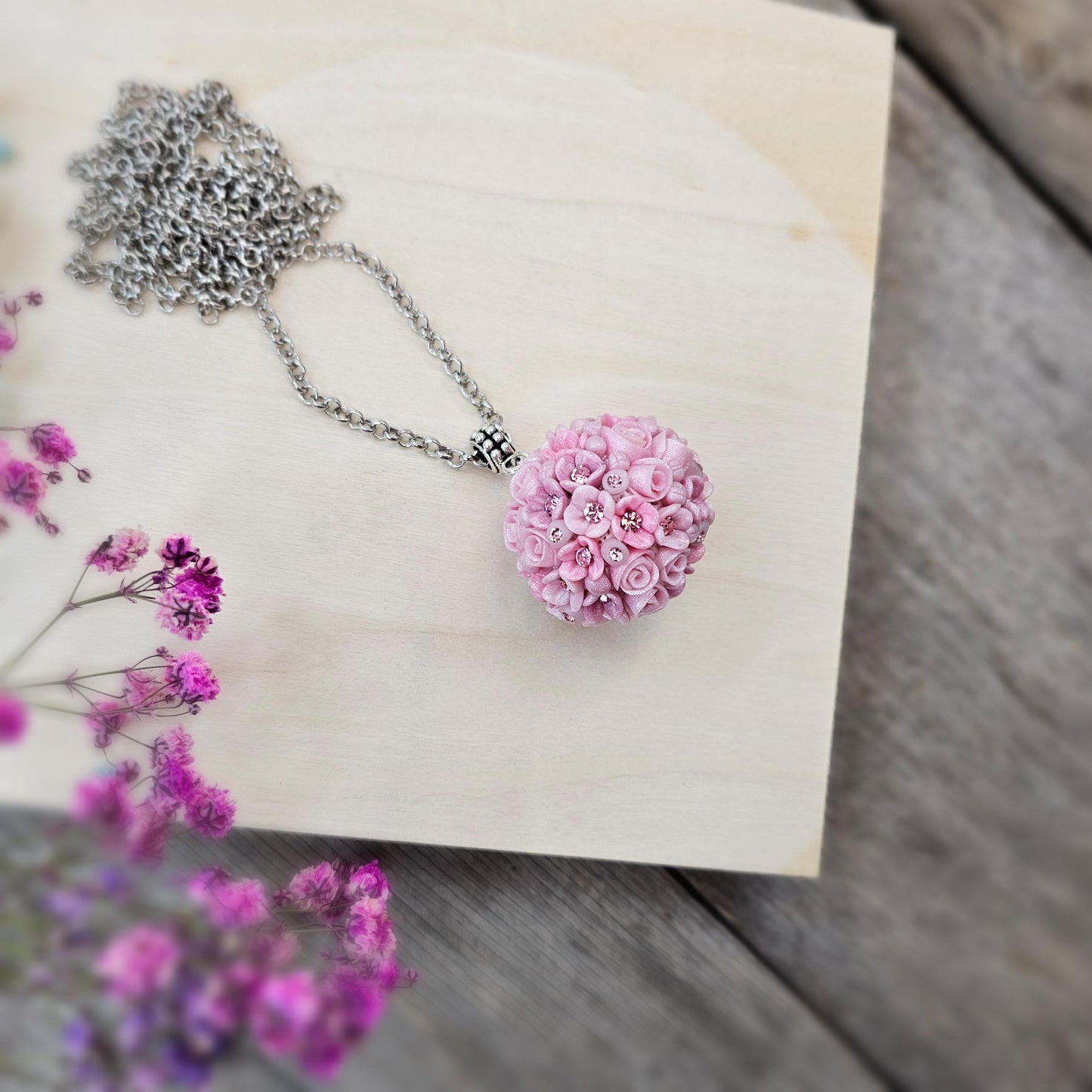 Handmade Pink Polymer Clay Flower Pendant with Crystals