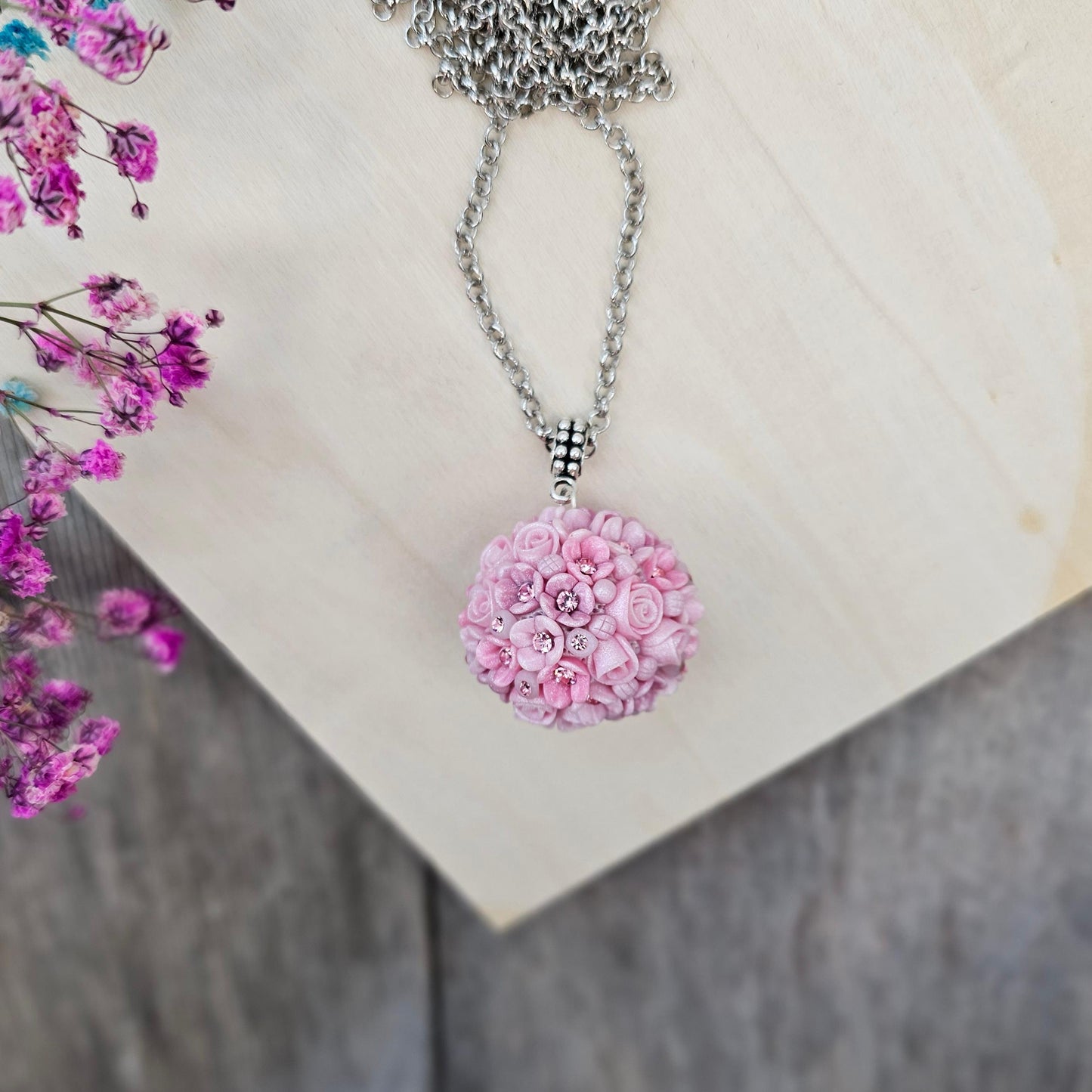 Handmade Pink Polymer Clay Flower Pendant with Crystals