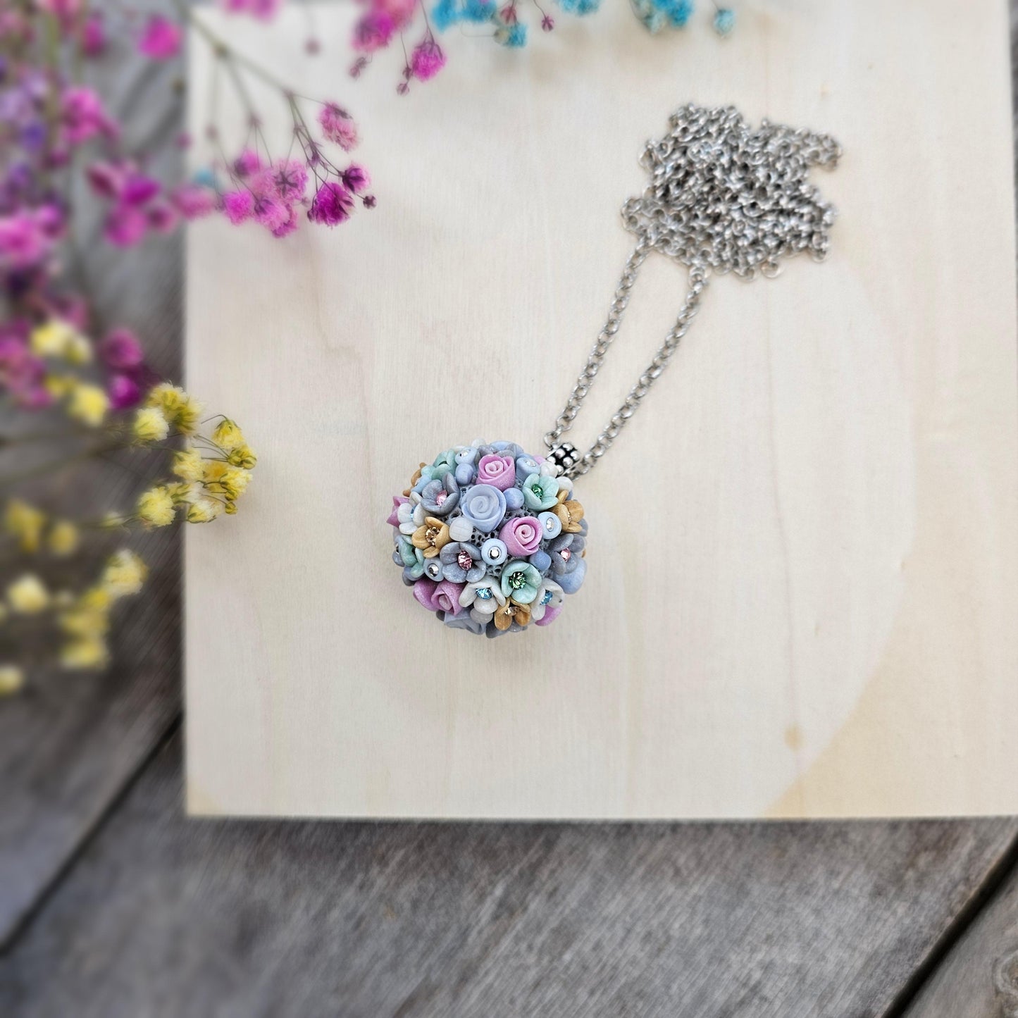 Pastel Bouquet Polymer Clay Pendant with Crystals on Metal Chain – Handmade Floral Jewelry