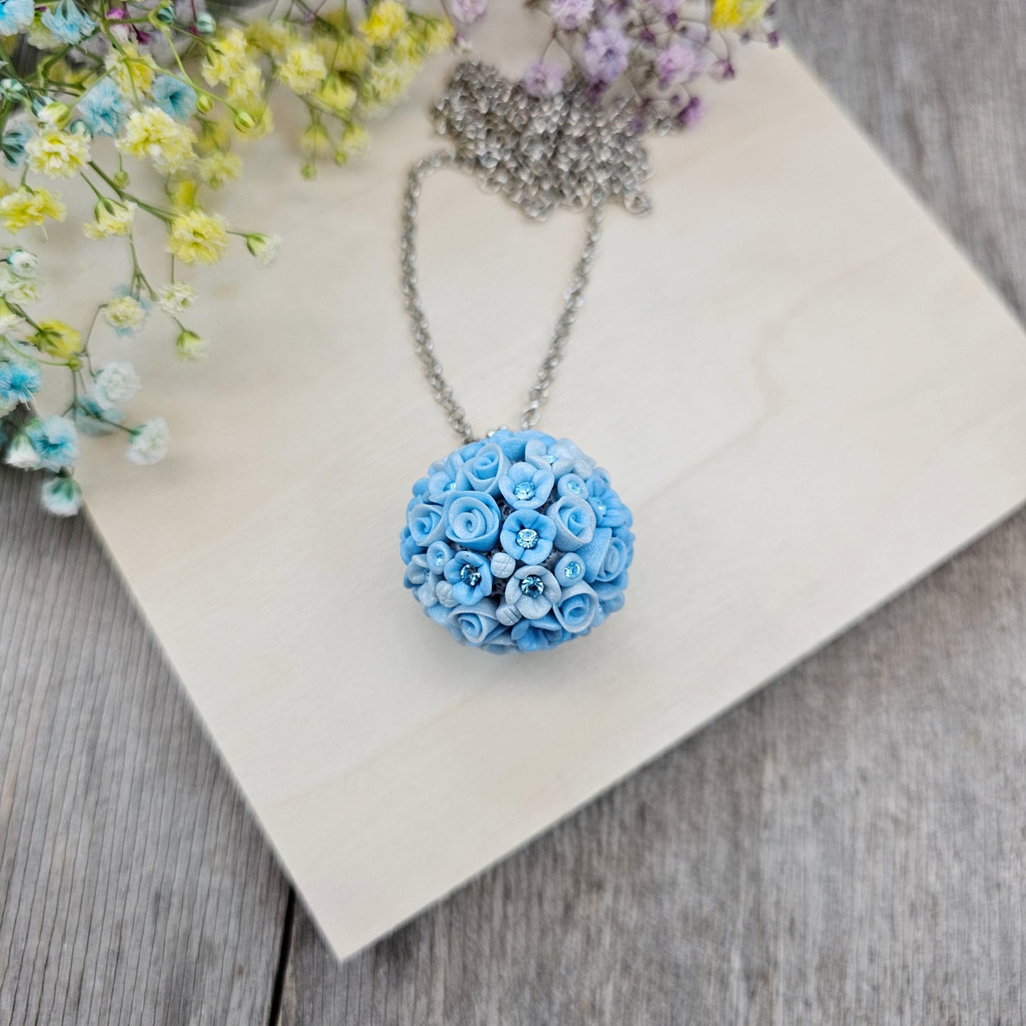 Handcrafted Polymer Clay Pendant - Blue Flower Ball Necklace with Crystals - Unique Floral Jewelry on Adjustable Chain