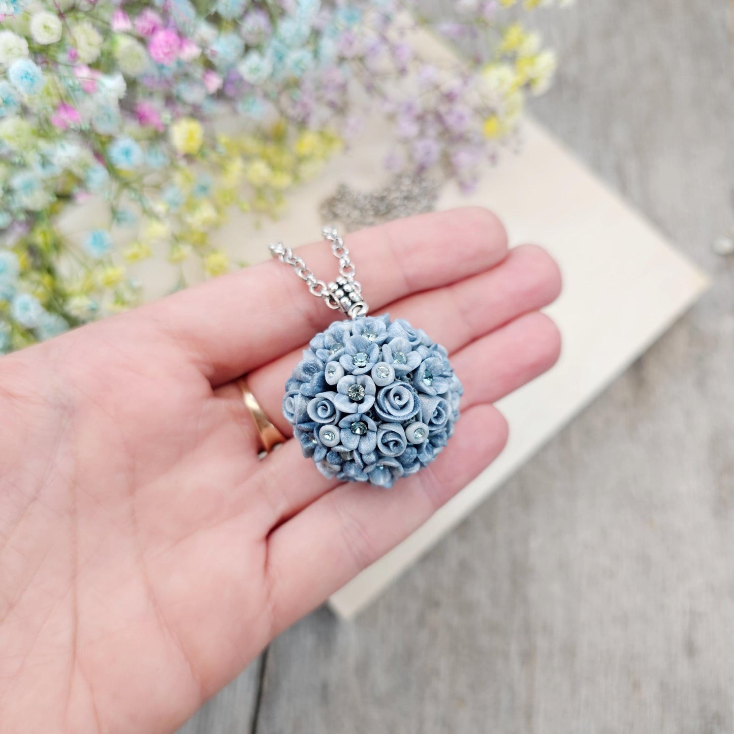 Elegant Grey Floral Polymer Clay Pendant with Crystals – Handmade Flower Jewelry on Metal Chain