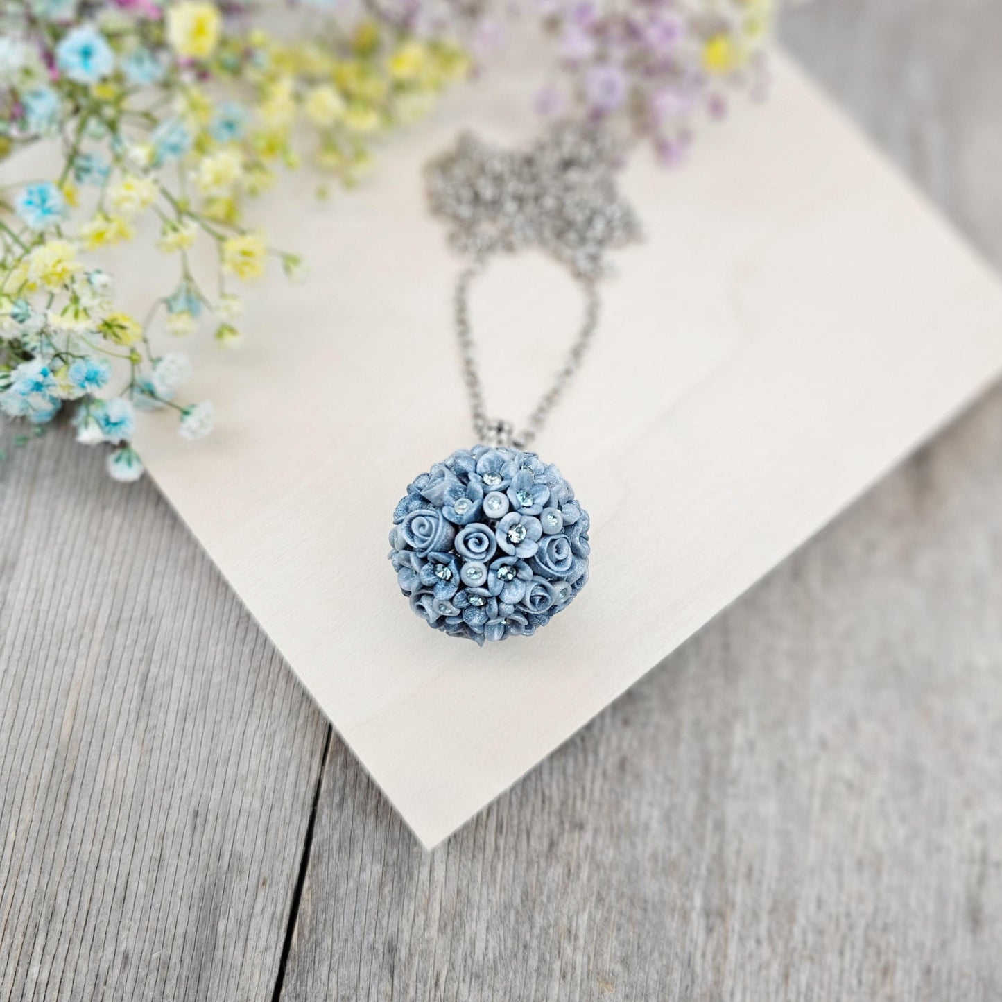 Elegant Grey Floral Polymer Clay Pendant with Crystals – Handmade Flower Jewelry on Metal Chain