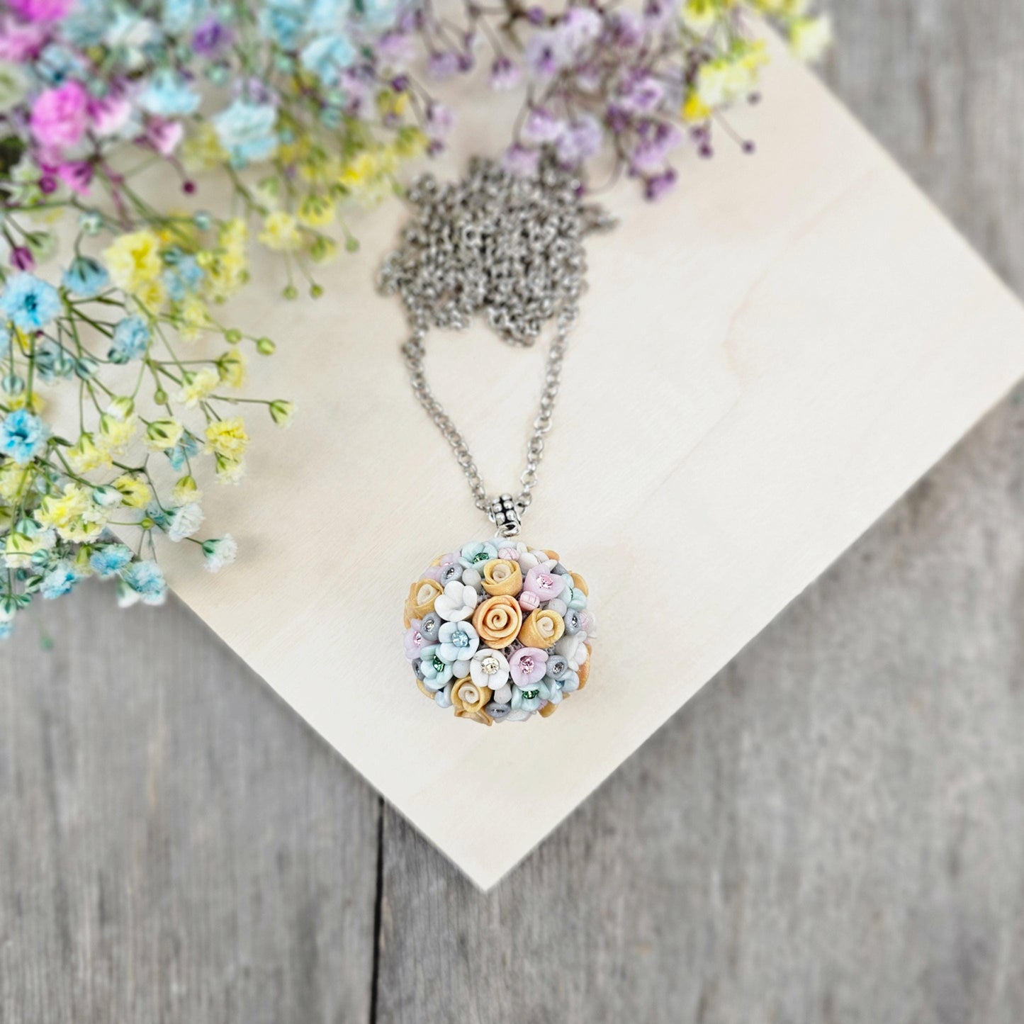 Pastel Bouquet Polymer Clay Pendant with Crystals on Metal Chain – Handmade Floral Jewelry