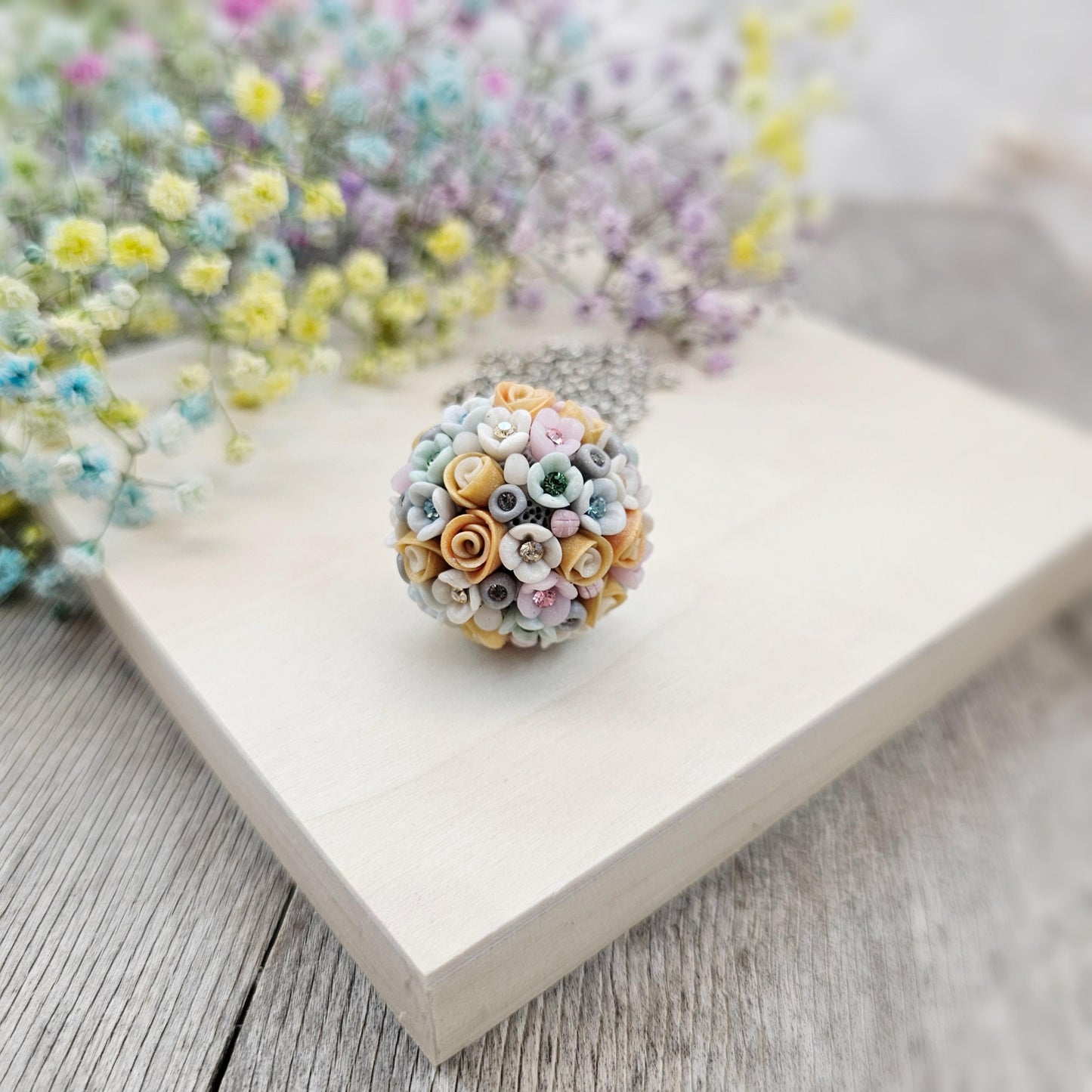 Pastel Bouquet Polymer Clay Pendant with Crystals on Metal Chain – Handmade Floral Jewelry