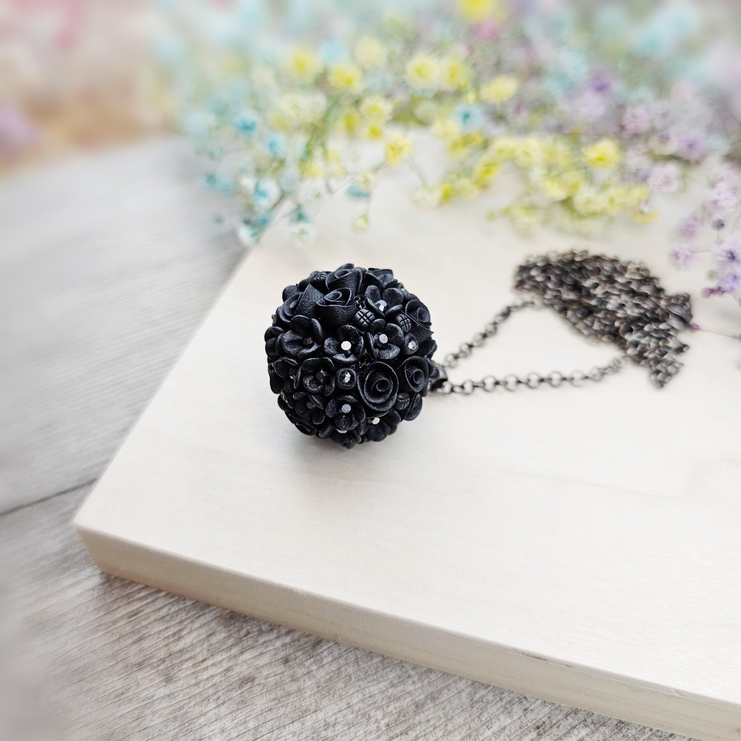 Elegant Black Floral Polymer Clay Pendant with Crystals – Handmade Flower Jewelry on Metal Chain