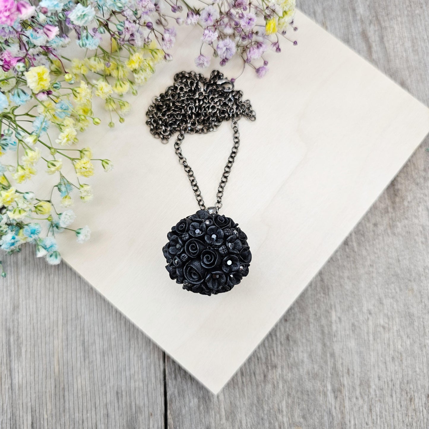Elegant Black Floral Polymer Clay Pendant with Crystals – Handmade Flower Jewelry on Metal Chain