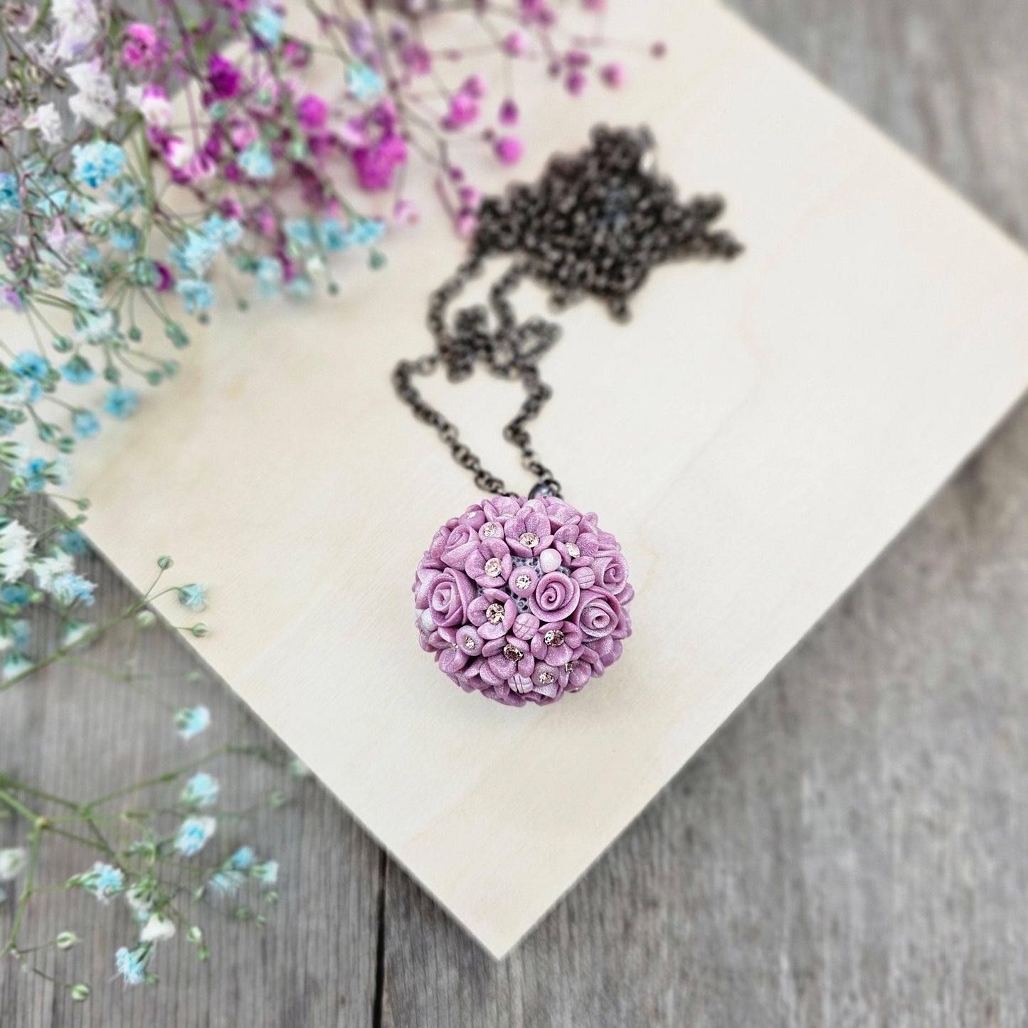 Lavender Color Romantic Polymer Clay Flower Bouquet Pendant with Crystals, Floral Necklace, Spring Pendant with Black Adjustable Chain