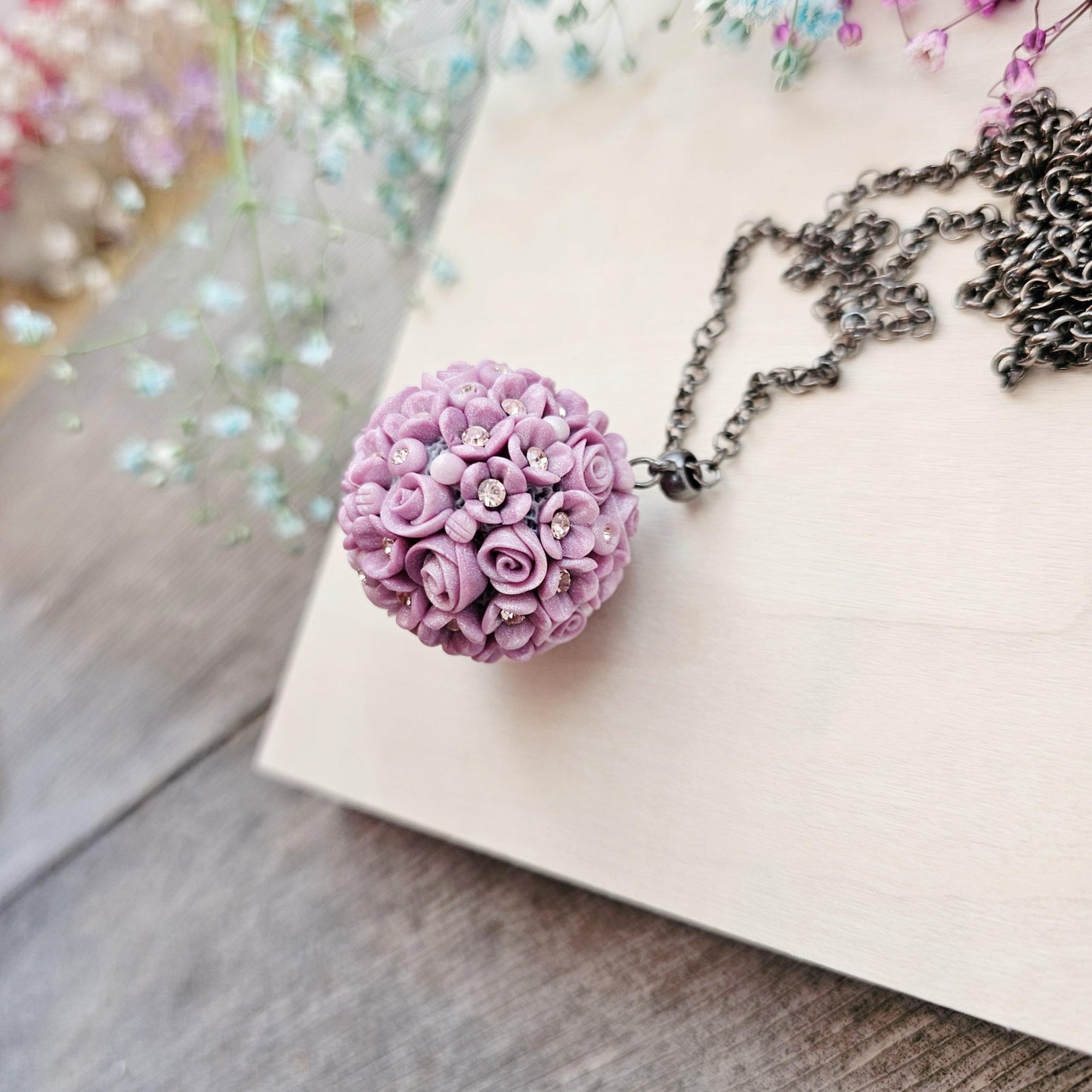 Lavender Color Romantic Polymer Clay Flower Bouquet Pendant with Crystals, Floral Necklace, Spring Pendant with Black Adjustable Chain