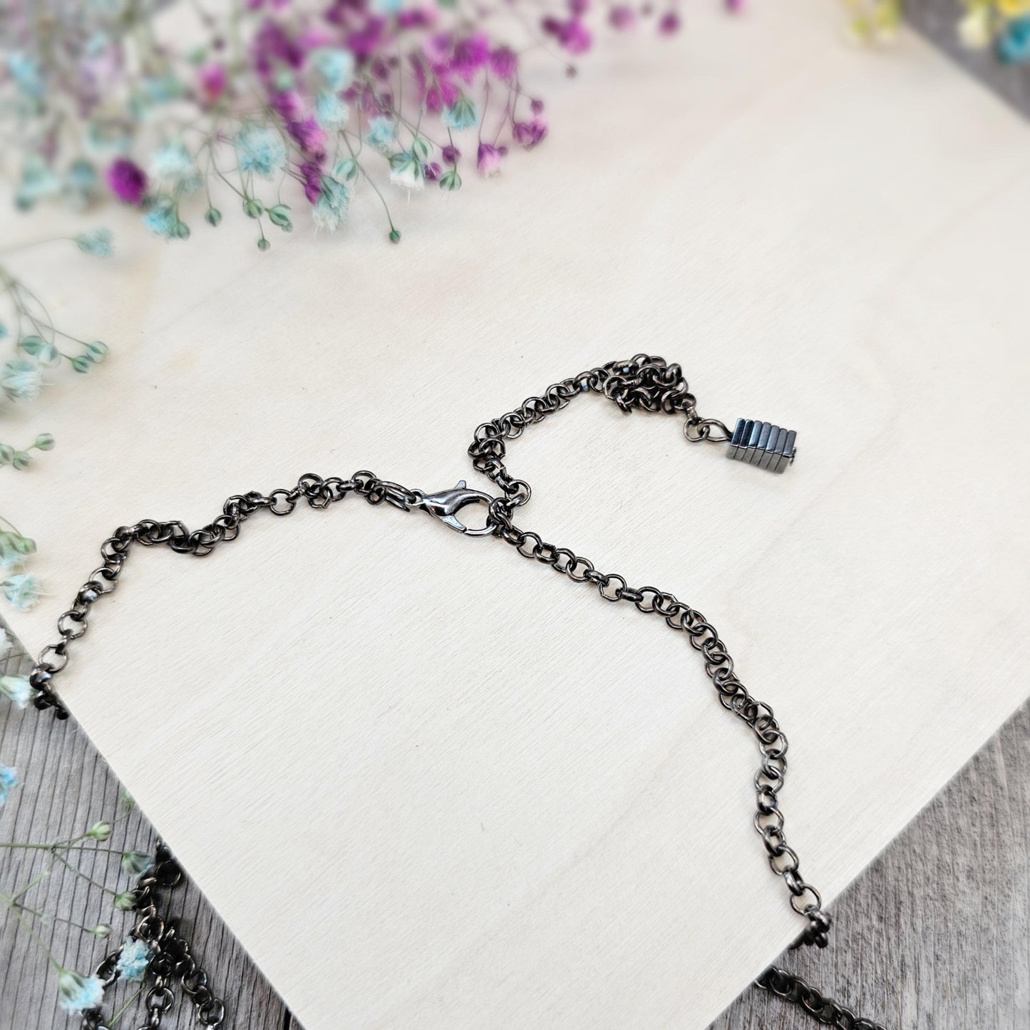 Lavender Color Romantic Polymer Clay Flower Bouquet Pendant with Crystals, Floral Necklace, Spring Pendant with Black Adjustable Chain