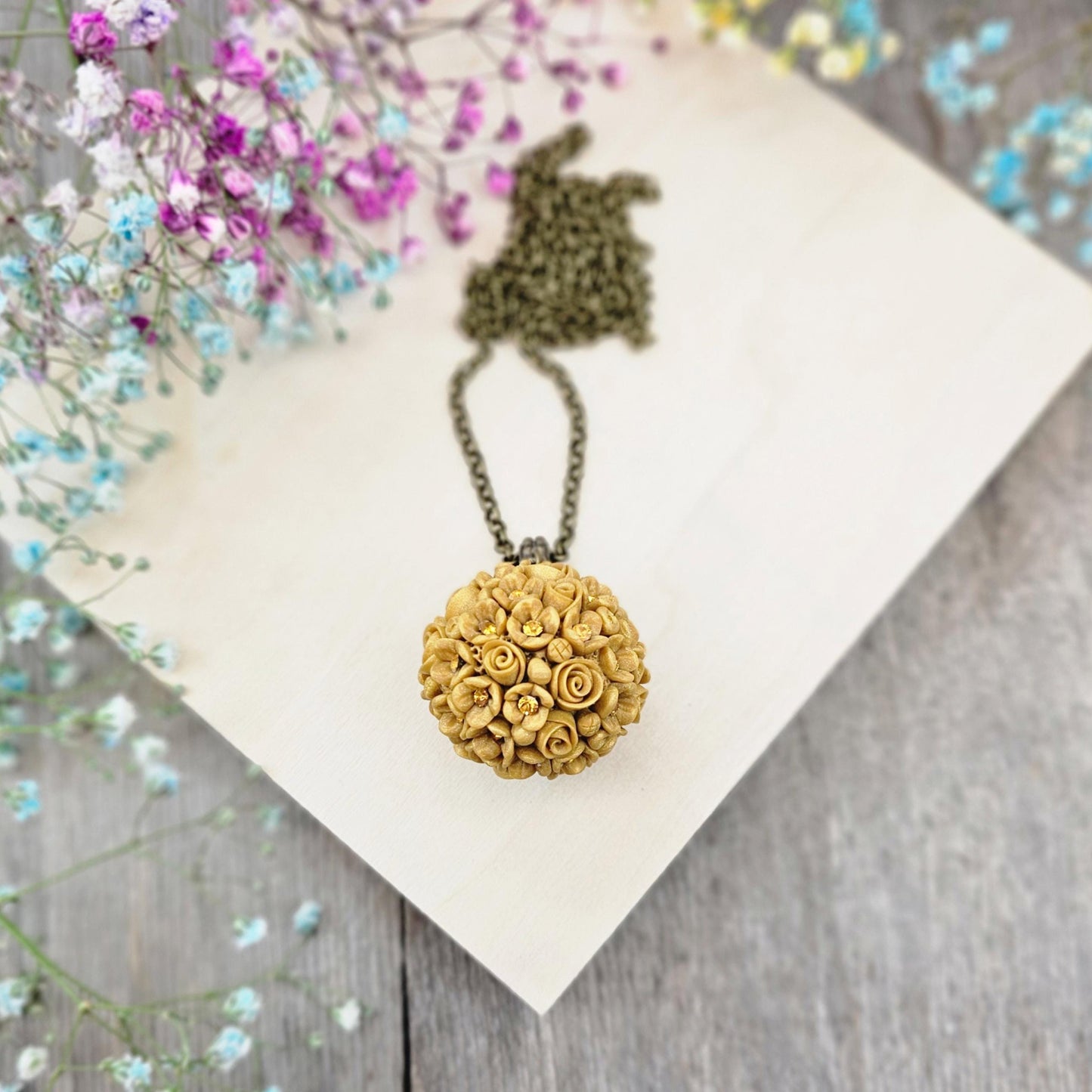 Golden Yellow Floral Polymer Clay Pendant with Crystals on Brass Chain
