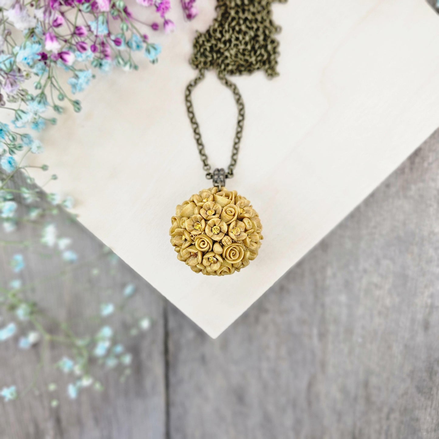 Golden Yellow Floral Polymer Clay Pendant with Crystals on Brass Chain