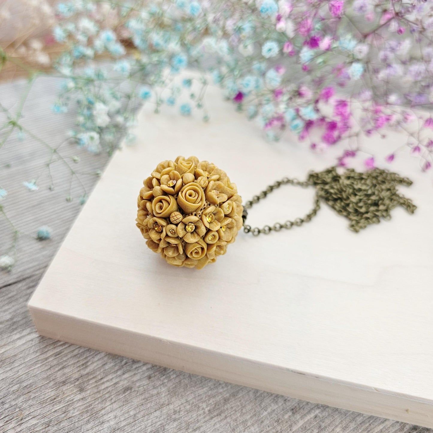 Golden Yellow Floral Polymer Clay Pendant with Crystals on Brass Chain