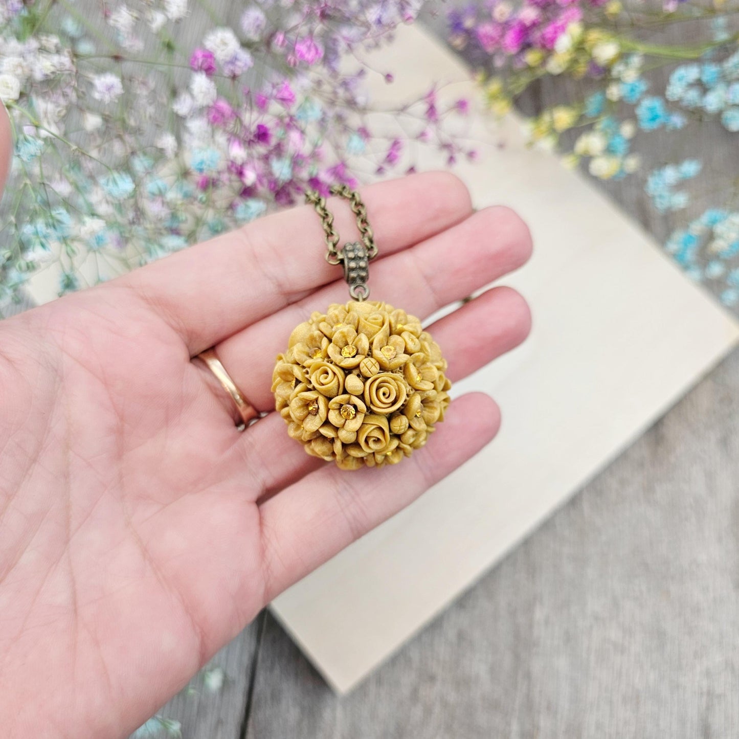 Golden Yellow Floral Polymer Clay Pendant with Crystals on Brass Chain