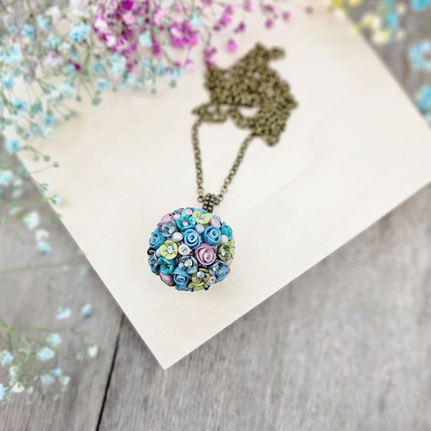 Pastel Blue and Lavender Floral Polymer Clay Pendant on Brass Chain