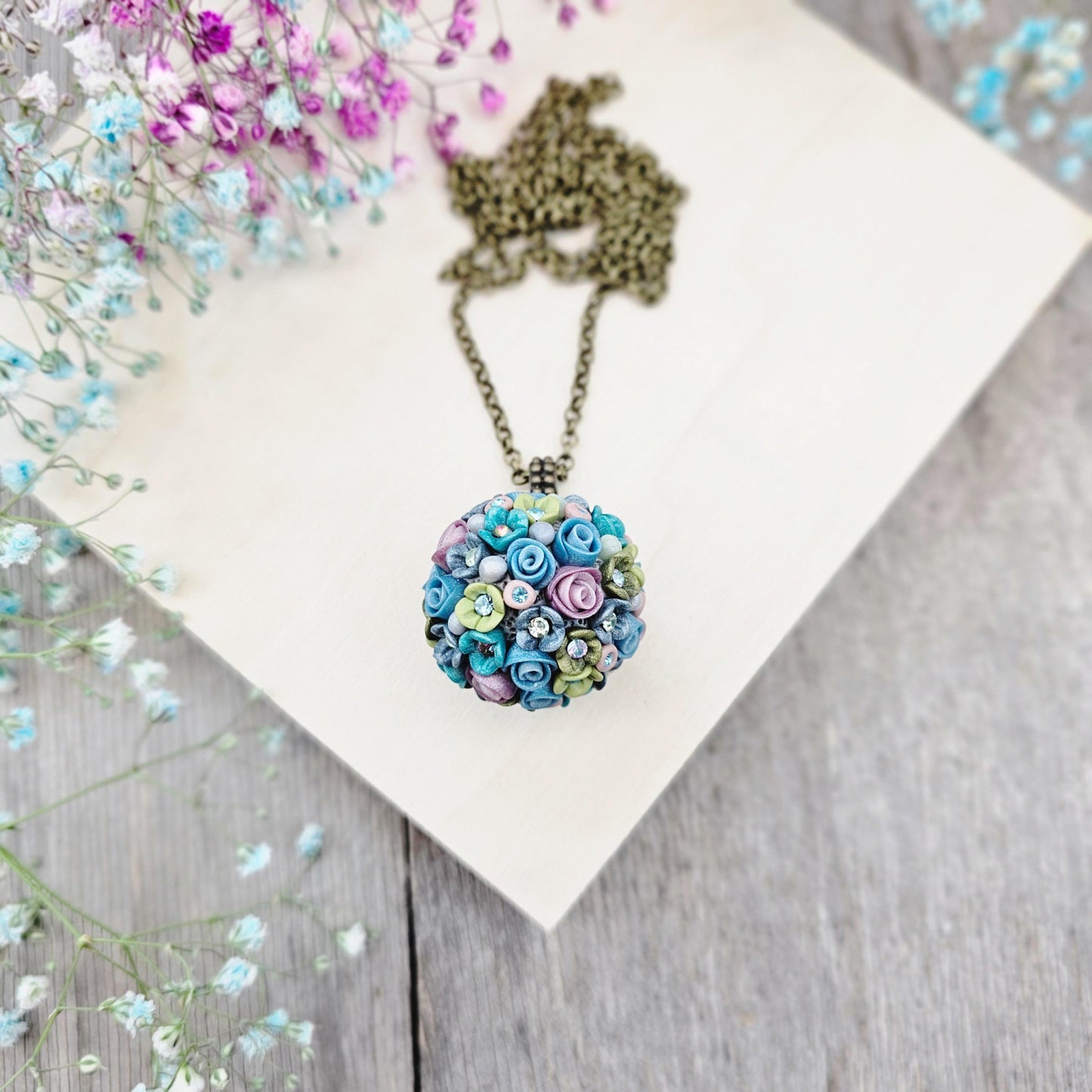 Pastel Blue and Lavender Floral Polymer Clay Pendant on Brass Chain