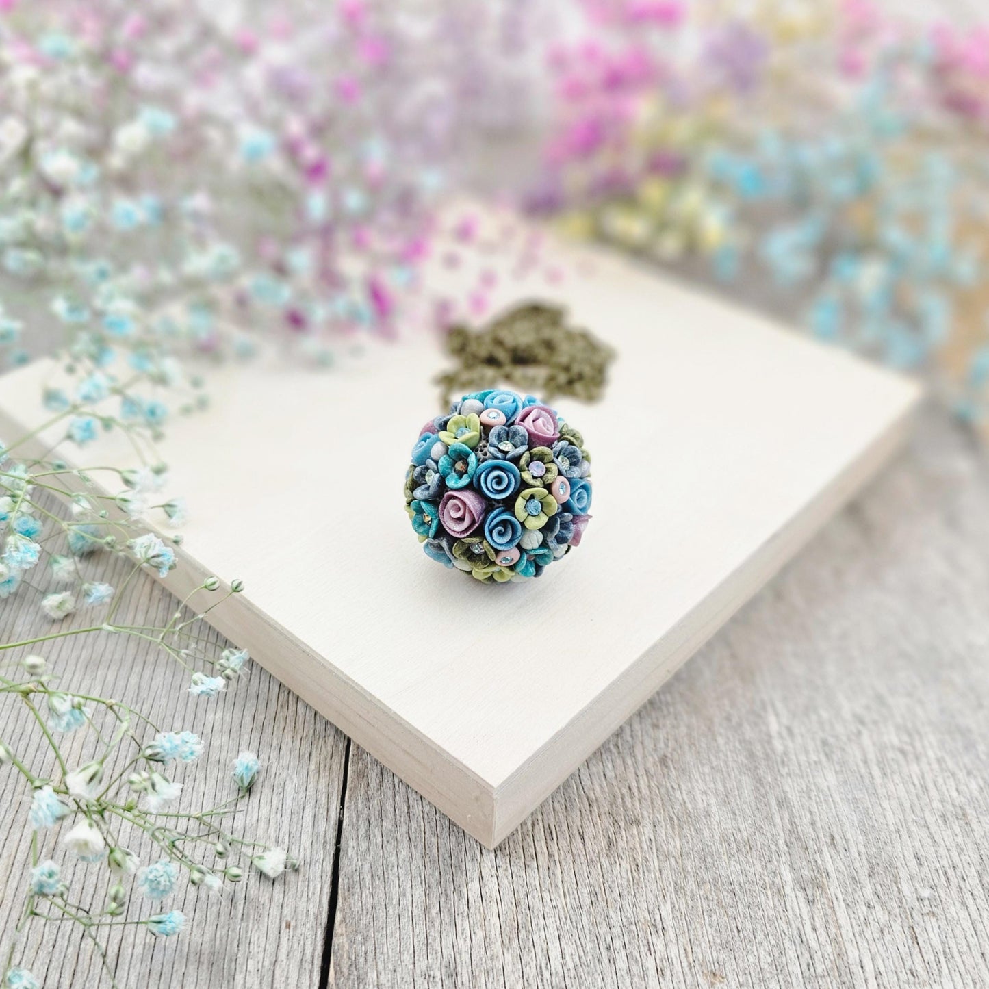 Pastel Blue and Lavender Floral Polymer Clay Pendant on Brass Chain