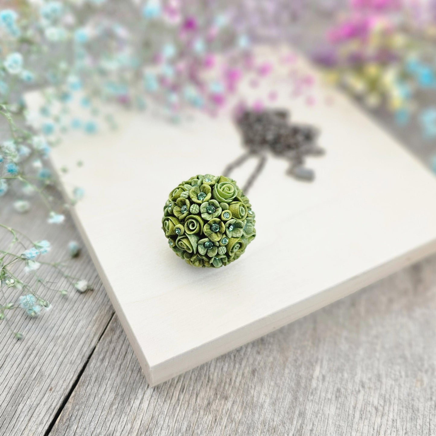 Handmade Green Polymer Clay Flower Ball Pendant on Black Chain