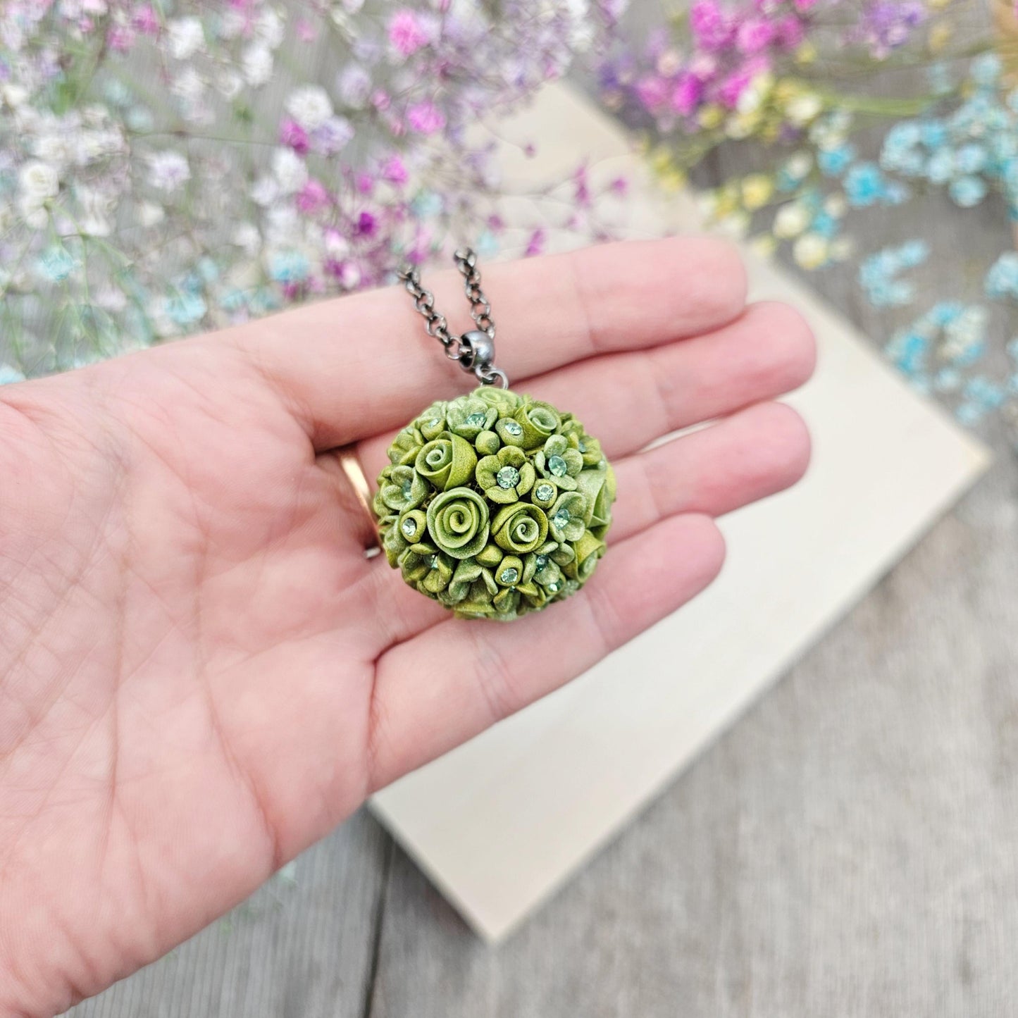 Handmade Green Polymer Clay Flower Ball Pendant on Black Chain