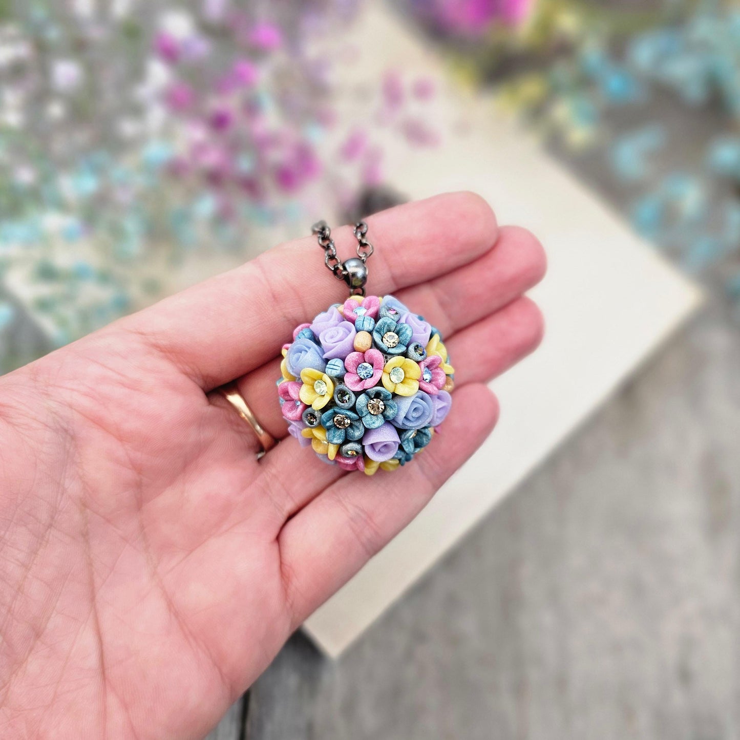 Multicolor Blossom Polymer Clay Ball Pendant on Black Chain