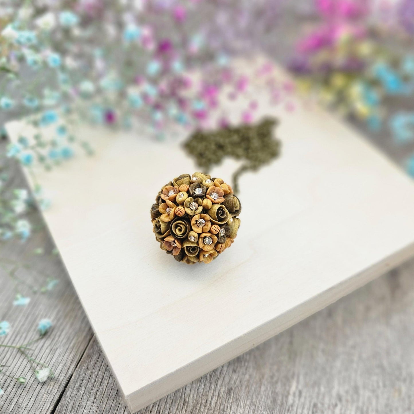 Golden Brown Earth Tone Flower Ball Pendant on Brass Chain