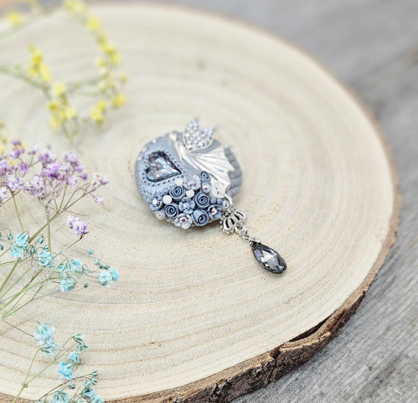 handmade polymer clay brooch with flowers, crystals and heart. Flower jewelry.