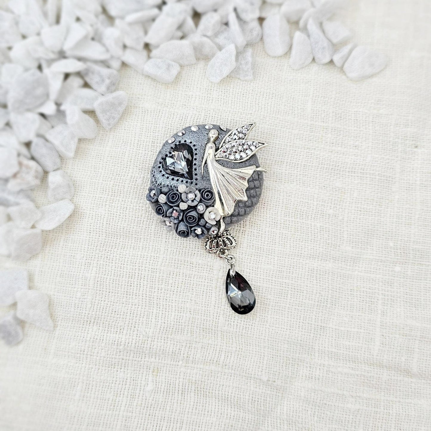 handmade polymer clay brooch with flowers, crystals and heart. Flower jewelry.