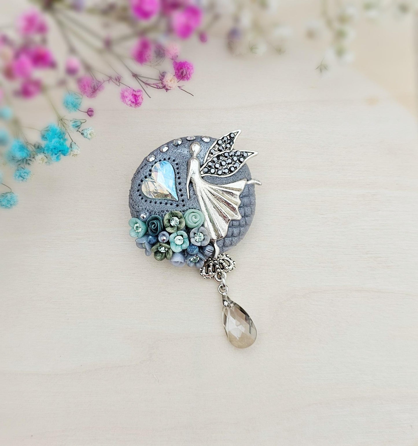 handmade polymer clay brooch with flowers, crystals and heart. Flower jewelry.