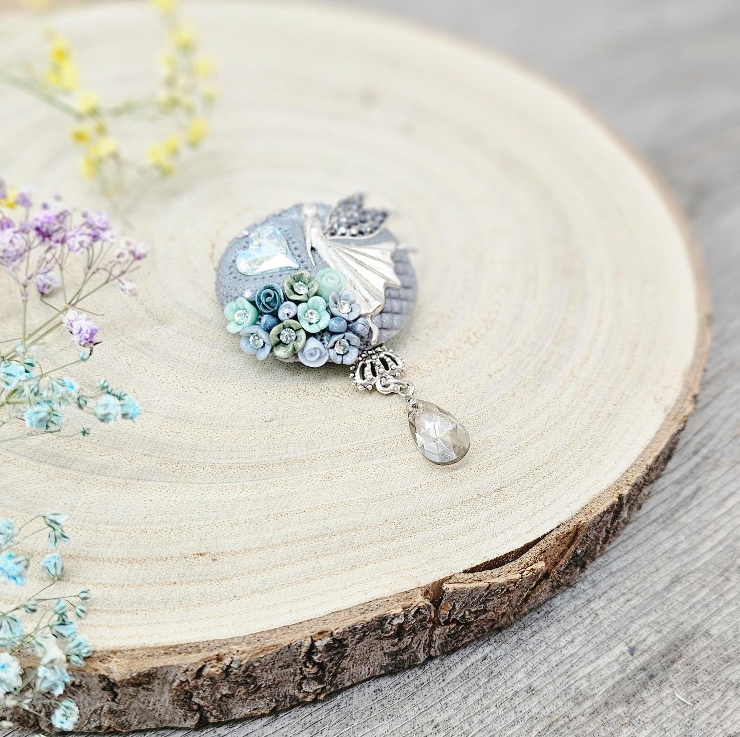 handmade polymer clay brooch with flowers, crystals and heart. Flower jewelry.