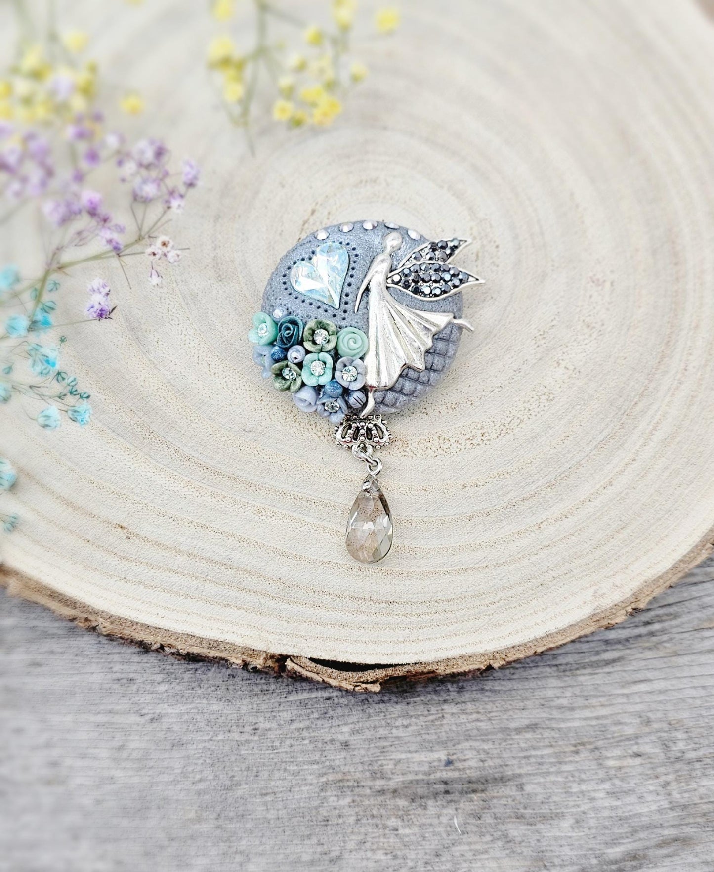 handmade polymer clay brooch with flowers, crystals and heart. Flower jewelry.