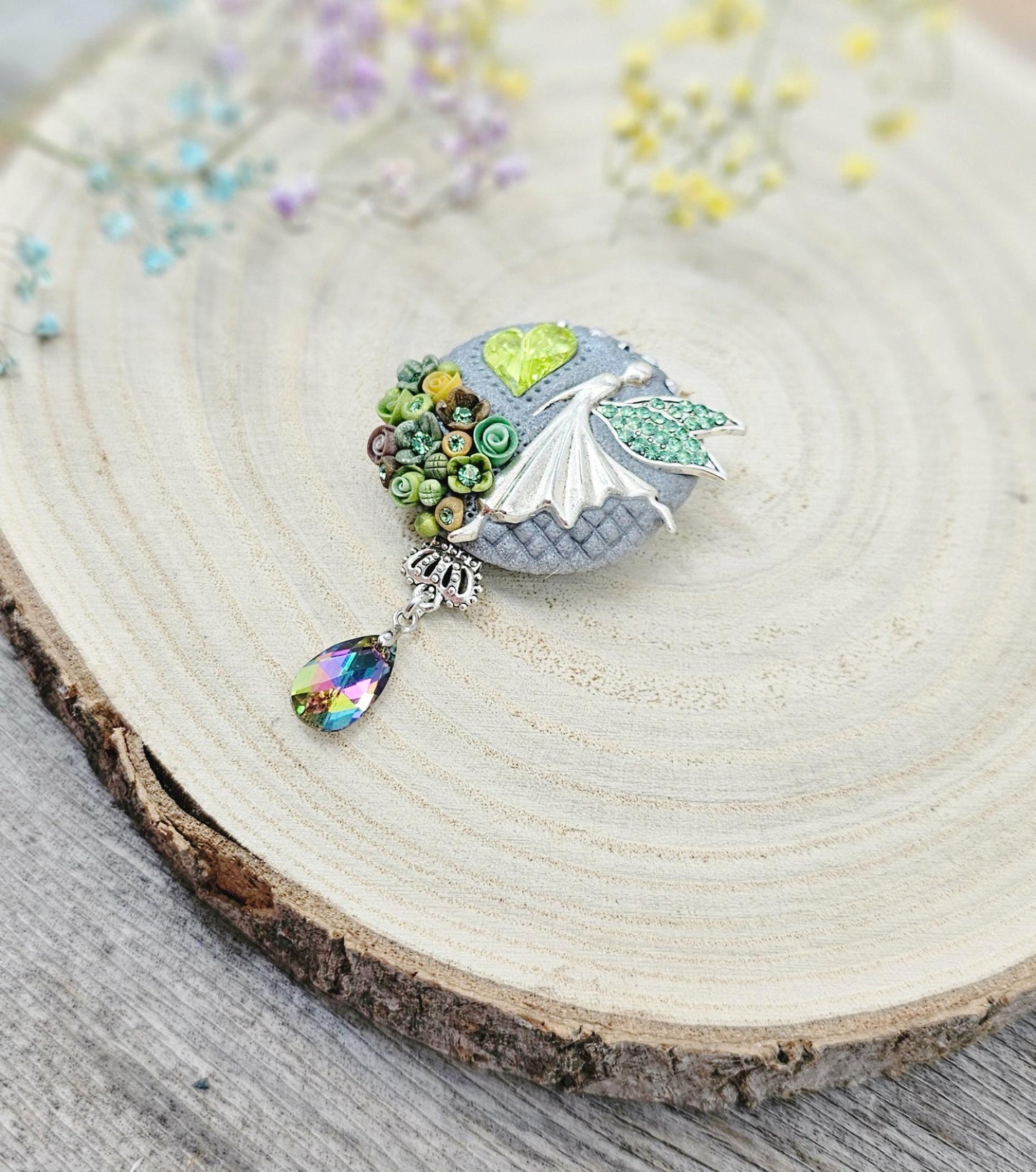 handmade polymer clay brooch with flowers, crystals and heart. Flower jewelry.