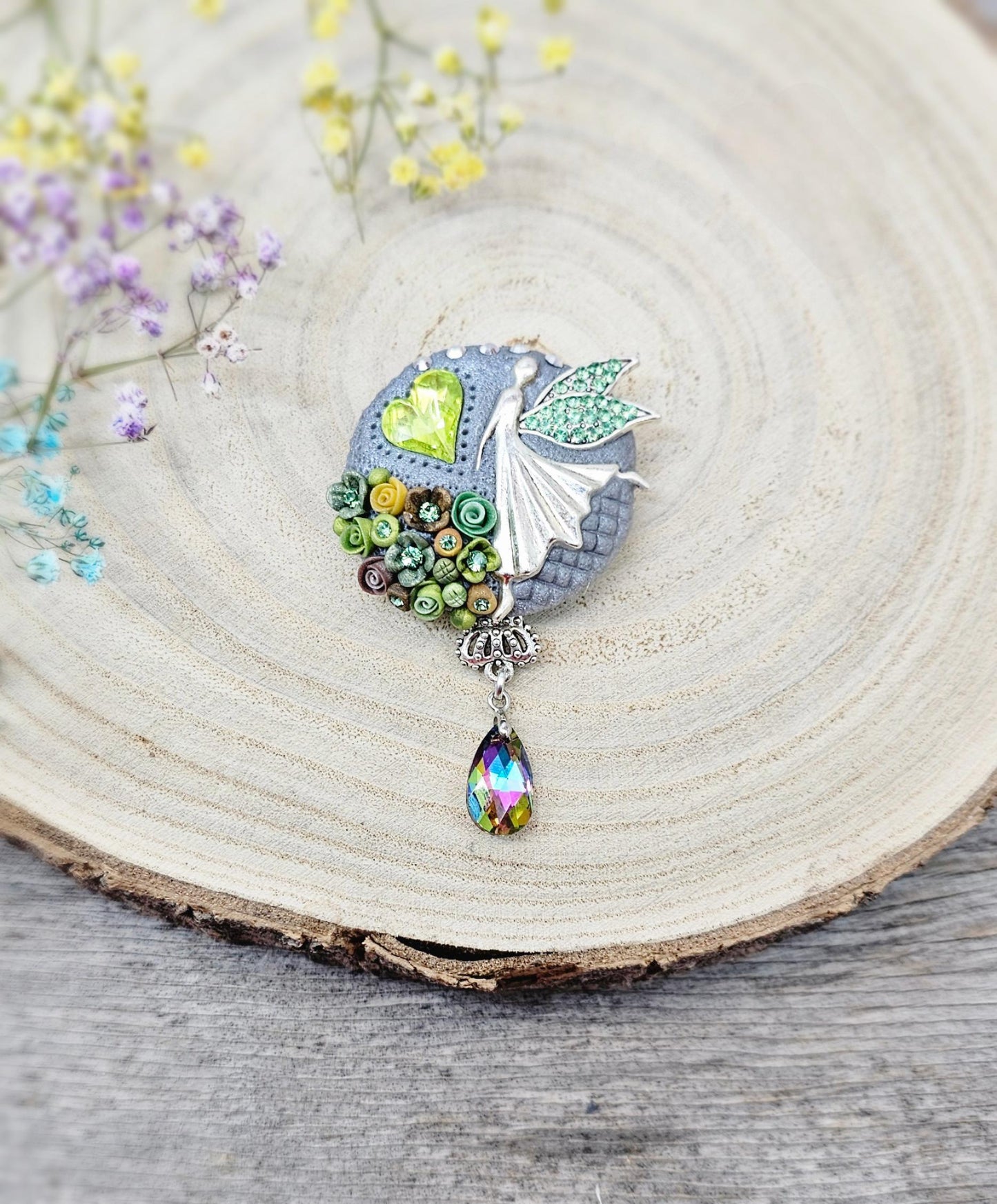 handmade polymer clay brooch with flowers, crystals and heart. Flower jewelry.