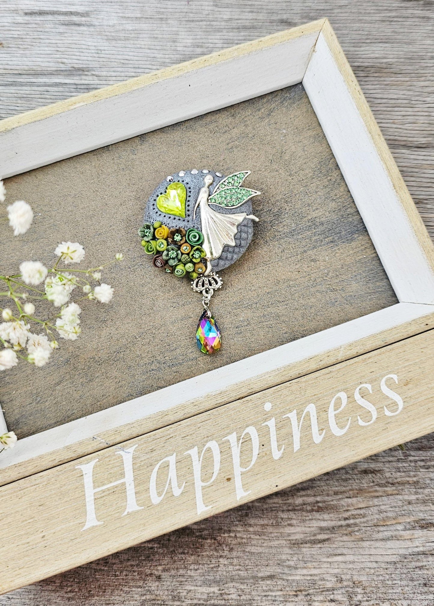 handmade polymer clay brooch with flowers, crystals and heart. Flower jewelry.