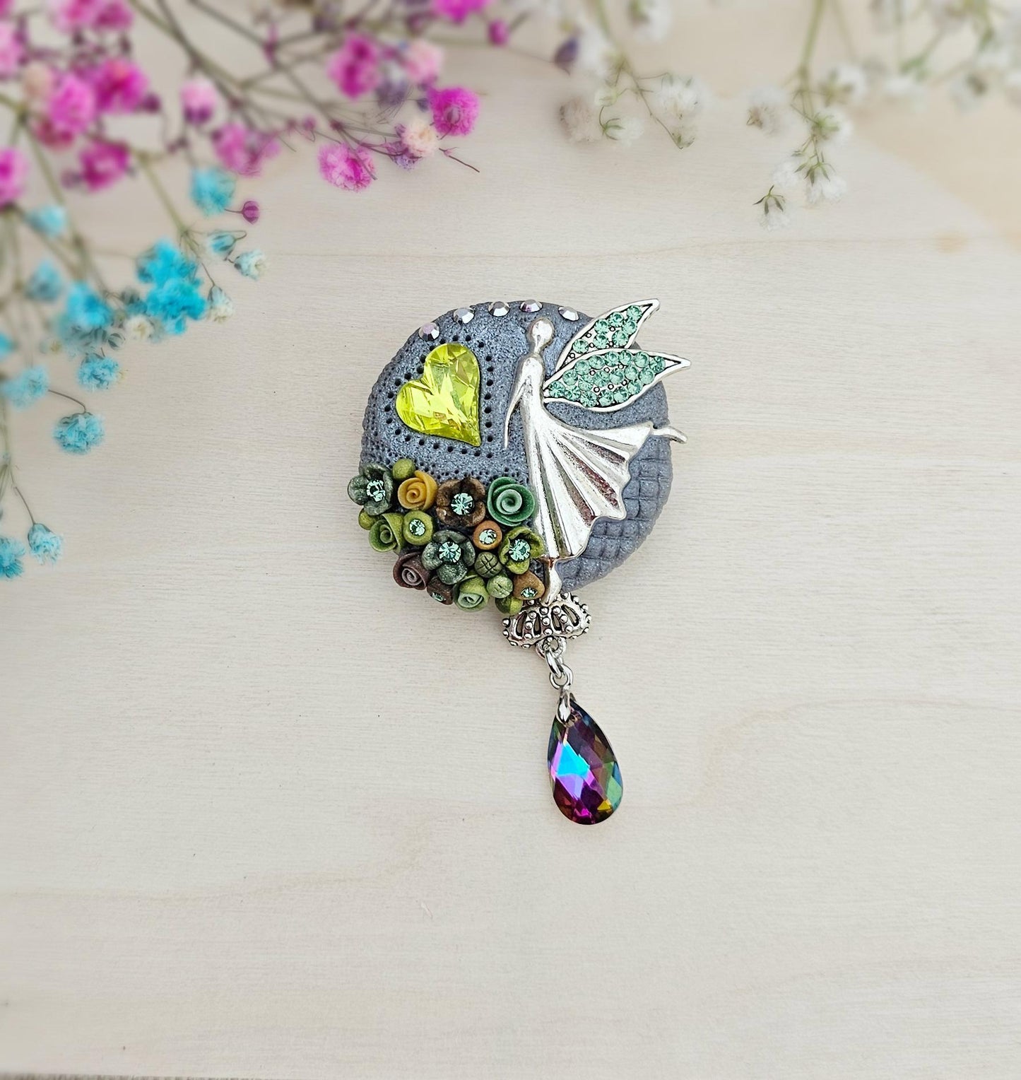 handmade polymer clay brooch with flowers, crystals and heart. Flower jewelry.