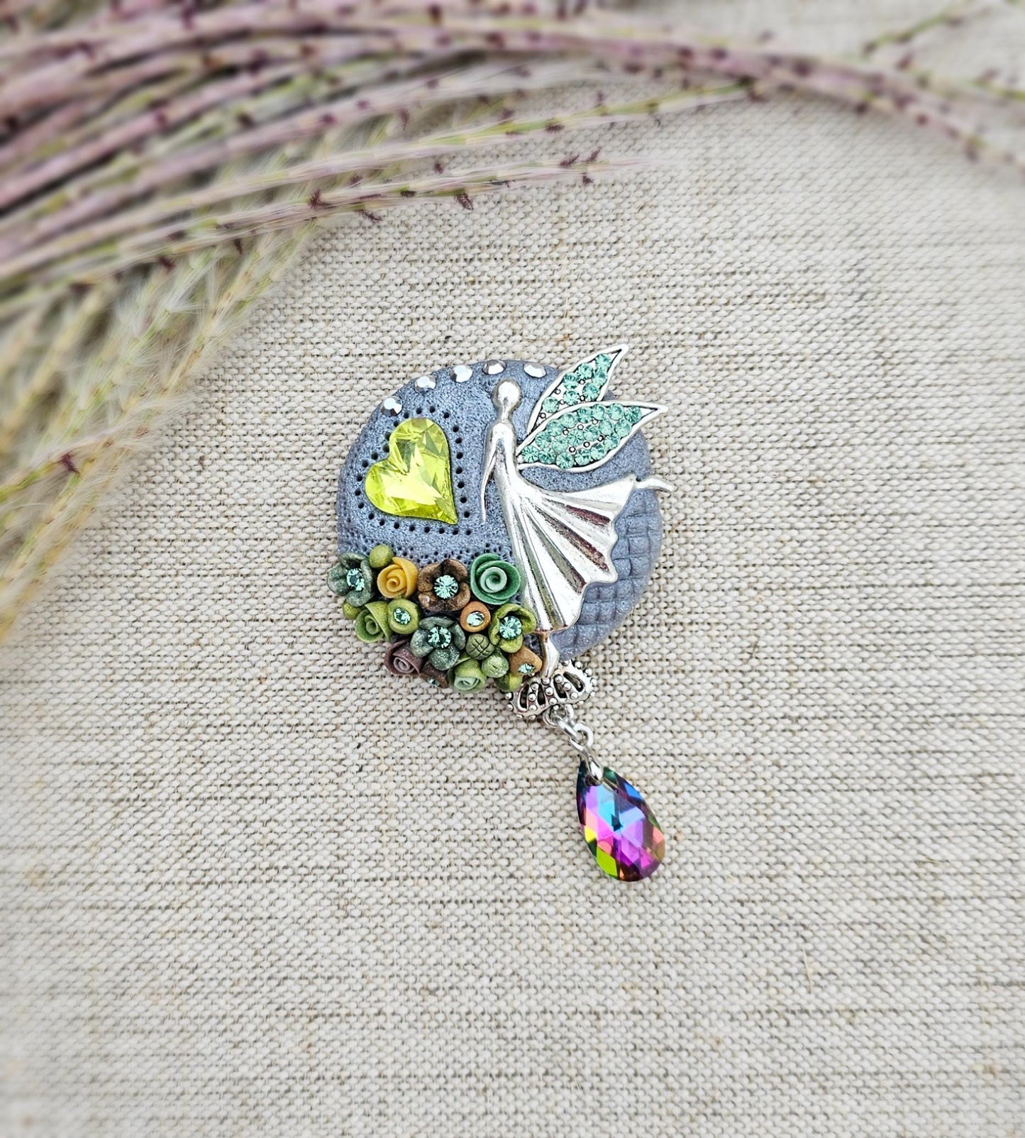handmade polymer clay brooch with flowers, crystals and heart. Flower jewelry.