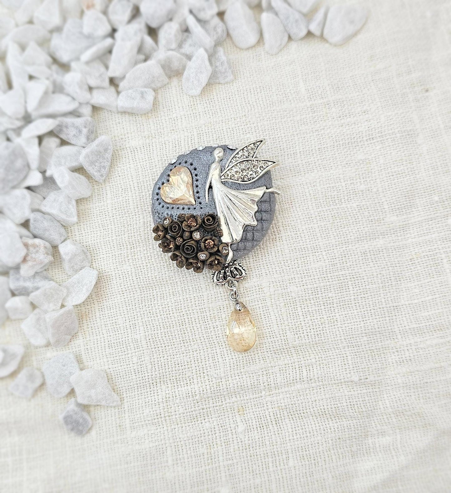 handmade polymer clay brooch with flowers, crystals and heart. Flower jewelry.