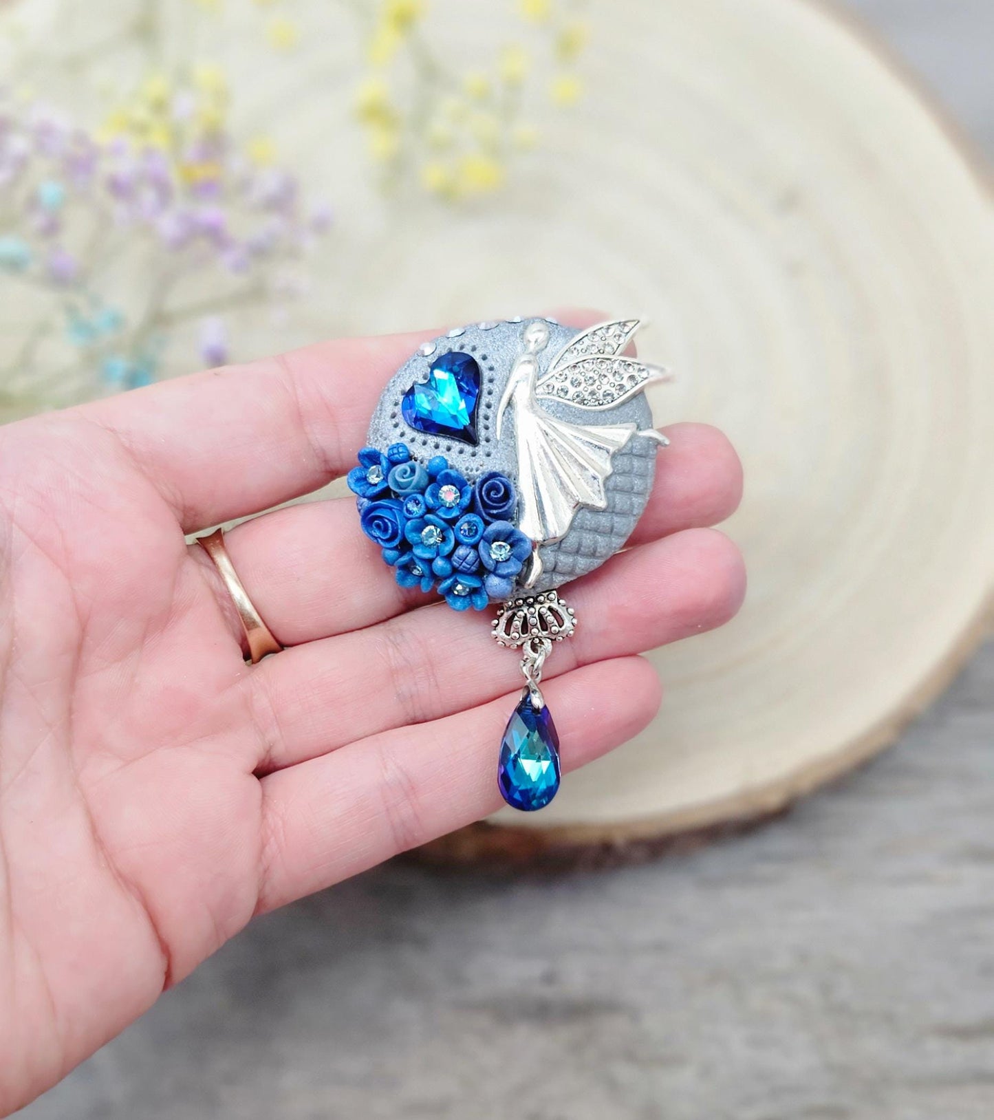 handmade polymer clay brooch with flowers, crystals and heart. Flower jewelry.