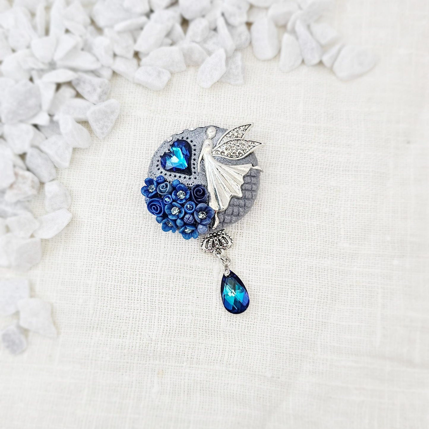 handmade polymer clay brooch with flowers, crystals and heart. Flower jewelry.