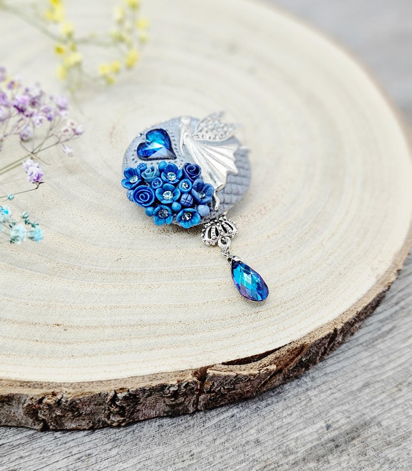 handmade polymer clay brooch with flowers, crystals and heart. Flower jewelry.