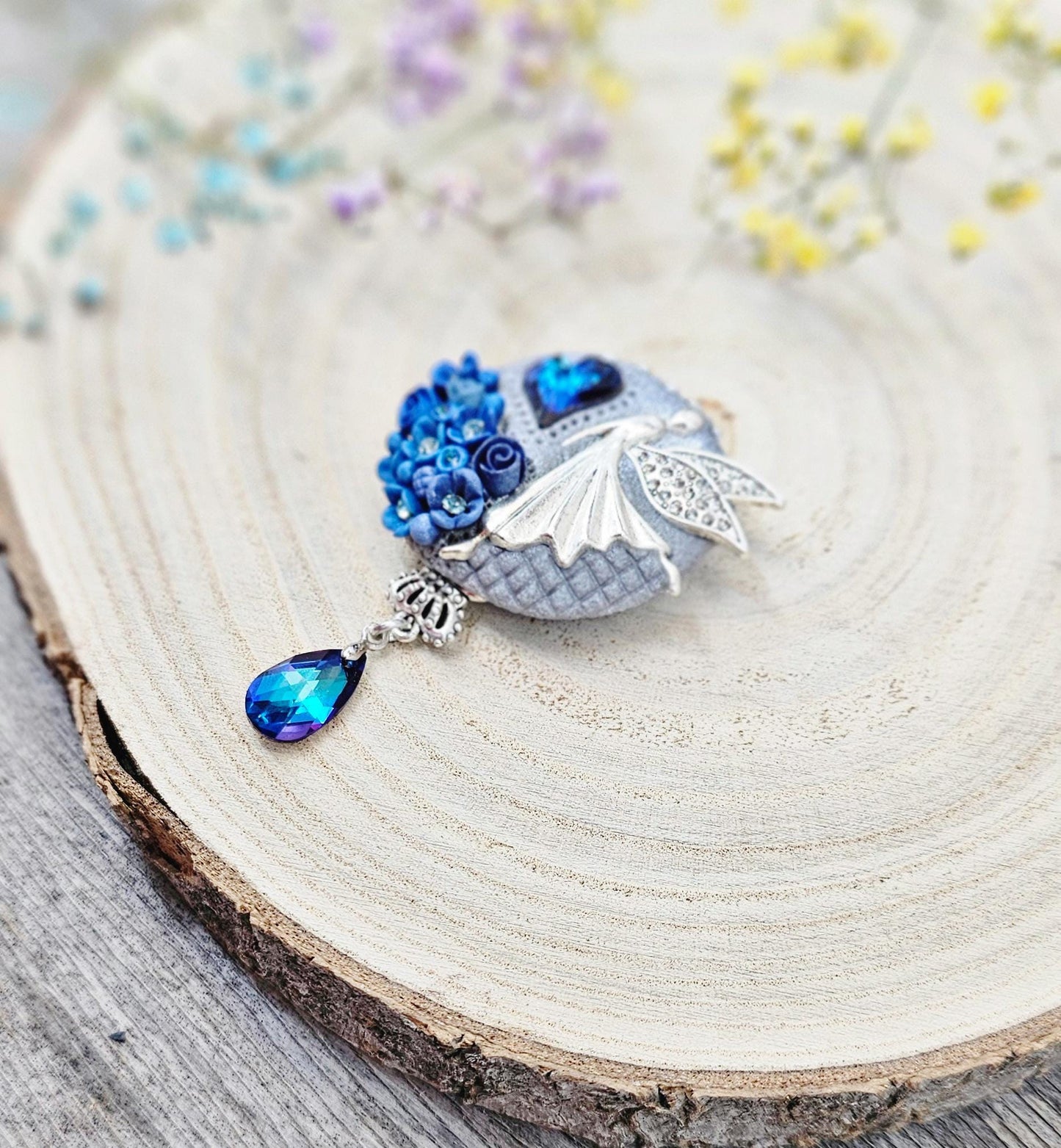 handmade polymer clay brooch with flowers, crystals and heart. Flower jewelry.