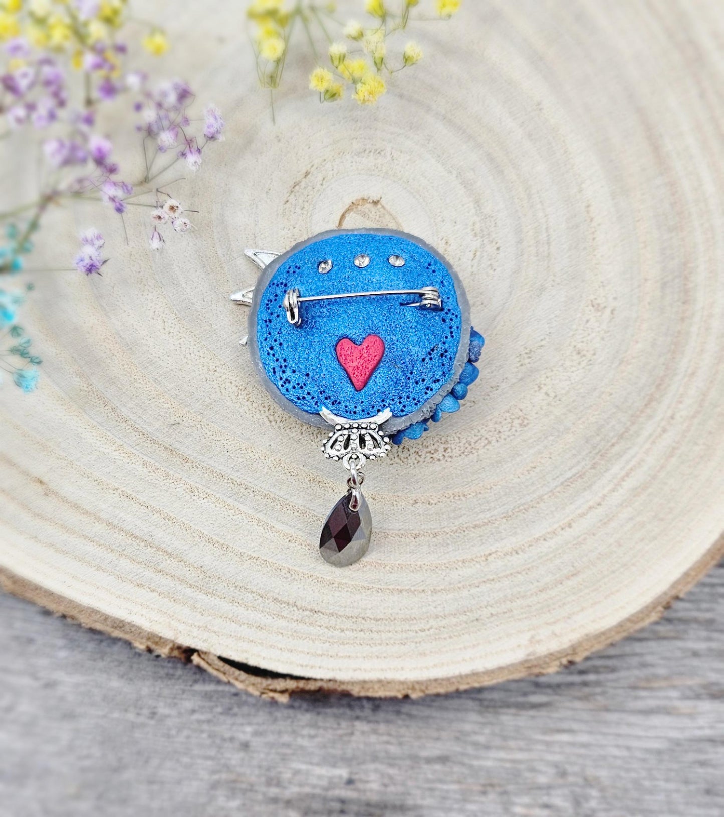 handmade polymer clay brooch with flowers, crystals and heart. Flower jewelry.