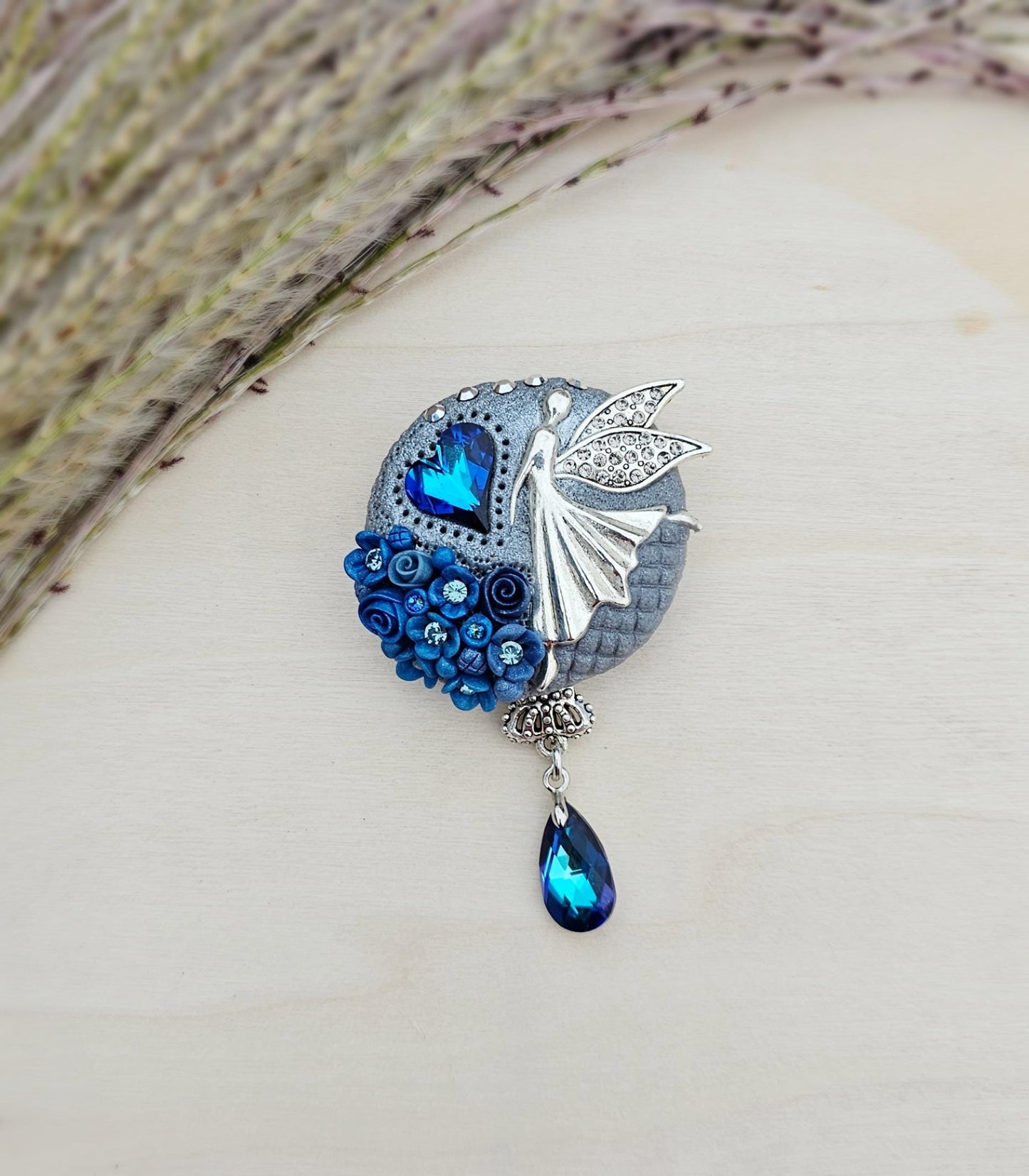 handmade polymer clay brooch with flowers, crystals and heart. Flower jewelry.