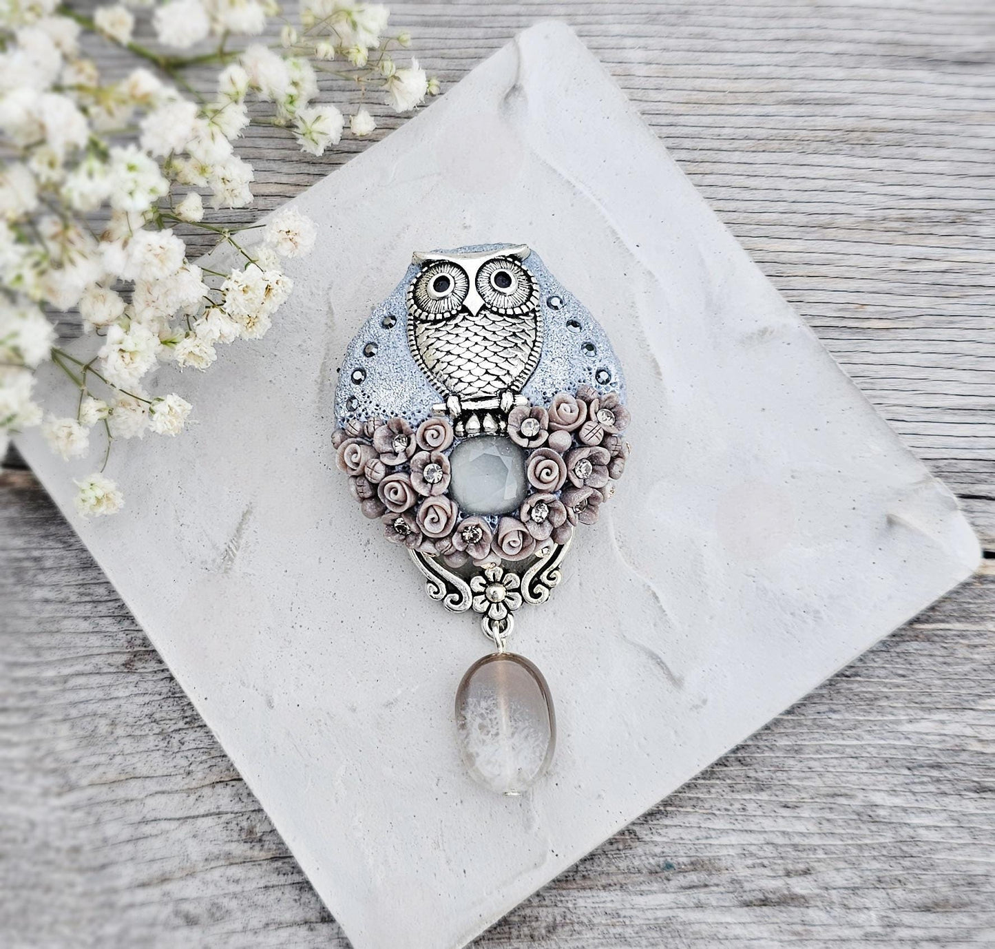 handmade polymer clay brooch with owl and handmade flowers, crystal and agate