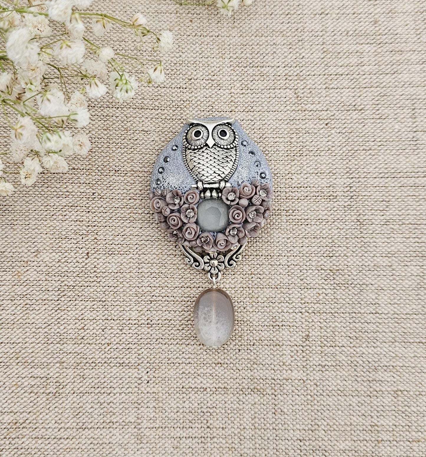 handmade polymer clay brooch with owl and handmade flowers, crystal and agate