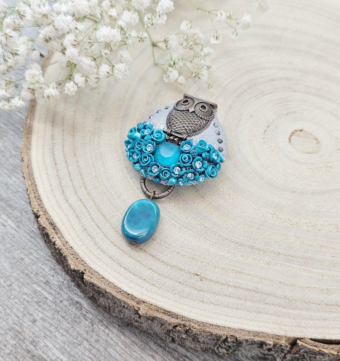 Handcrafted brooch from polymer clay with owl