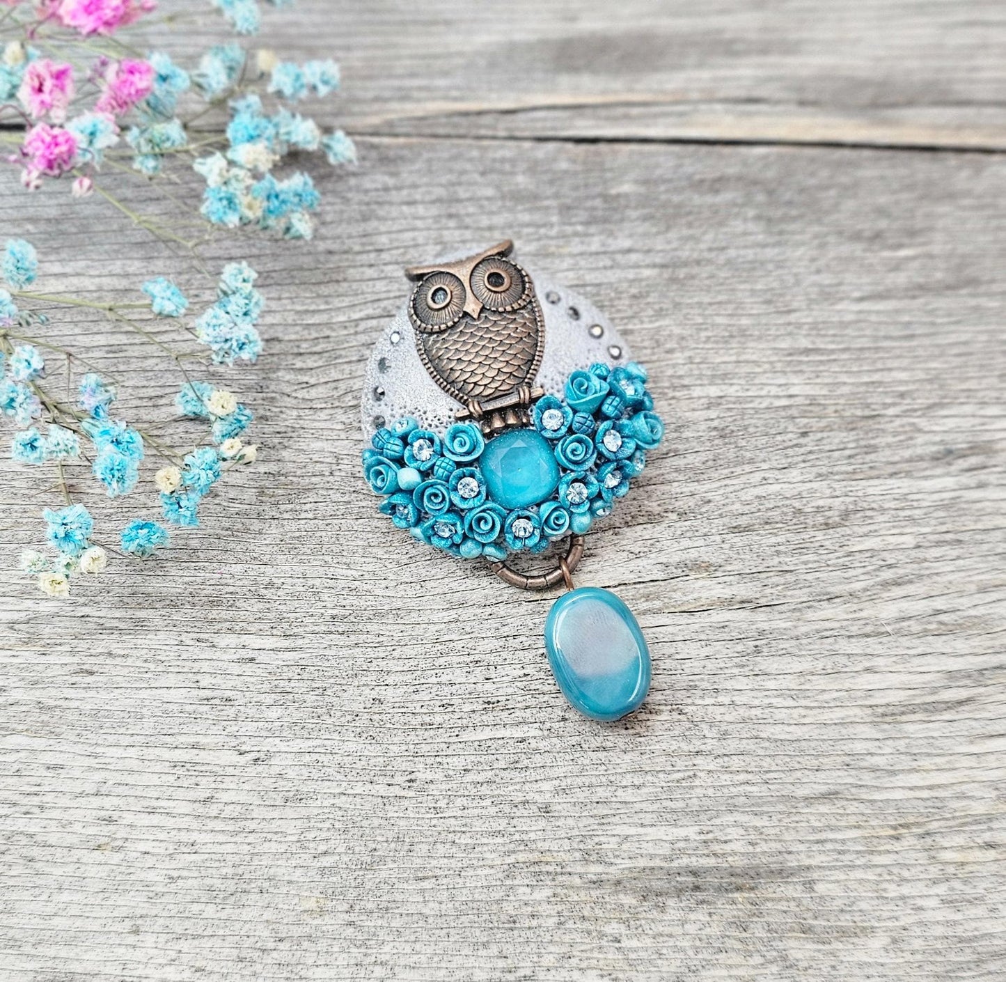Handcrafted brooch from polymer clay with owl