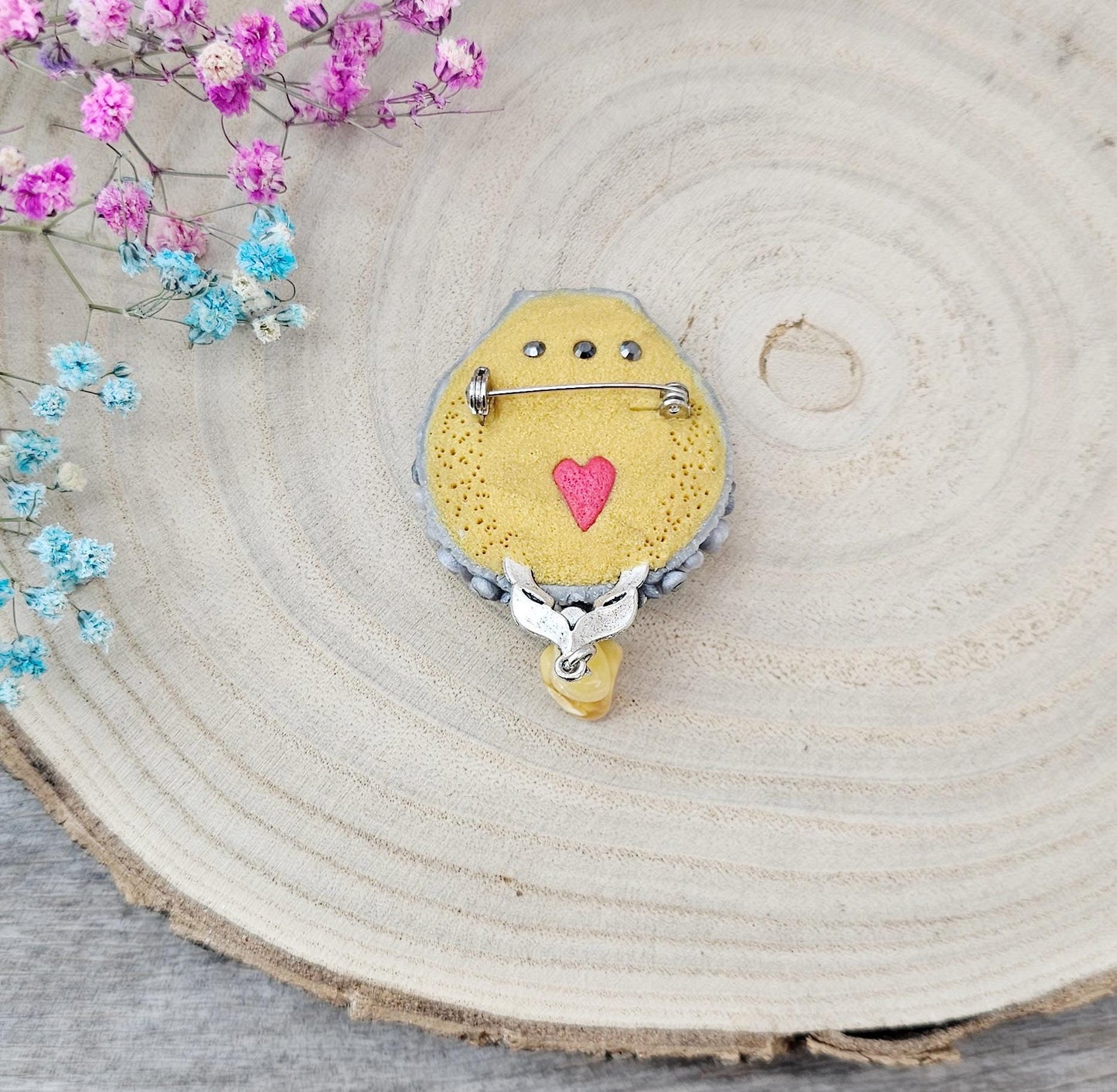 handmade polymer clay brooch with owl and handmade flowers and baltic amber