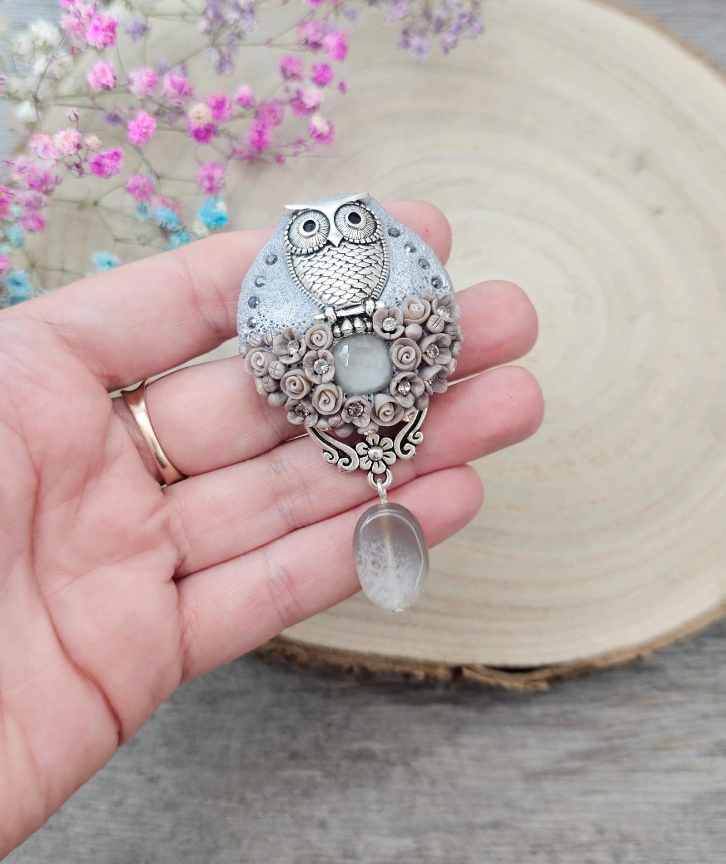 handmade polymer clay brooch with owl and handmade flowers, crystal and agate