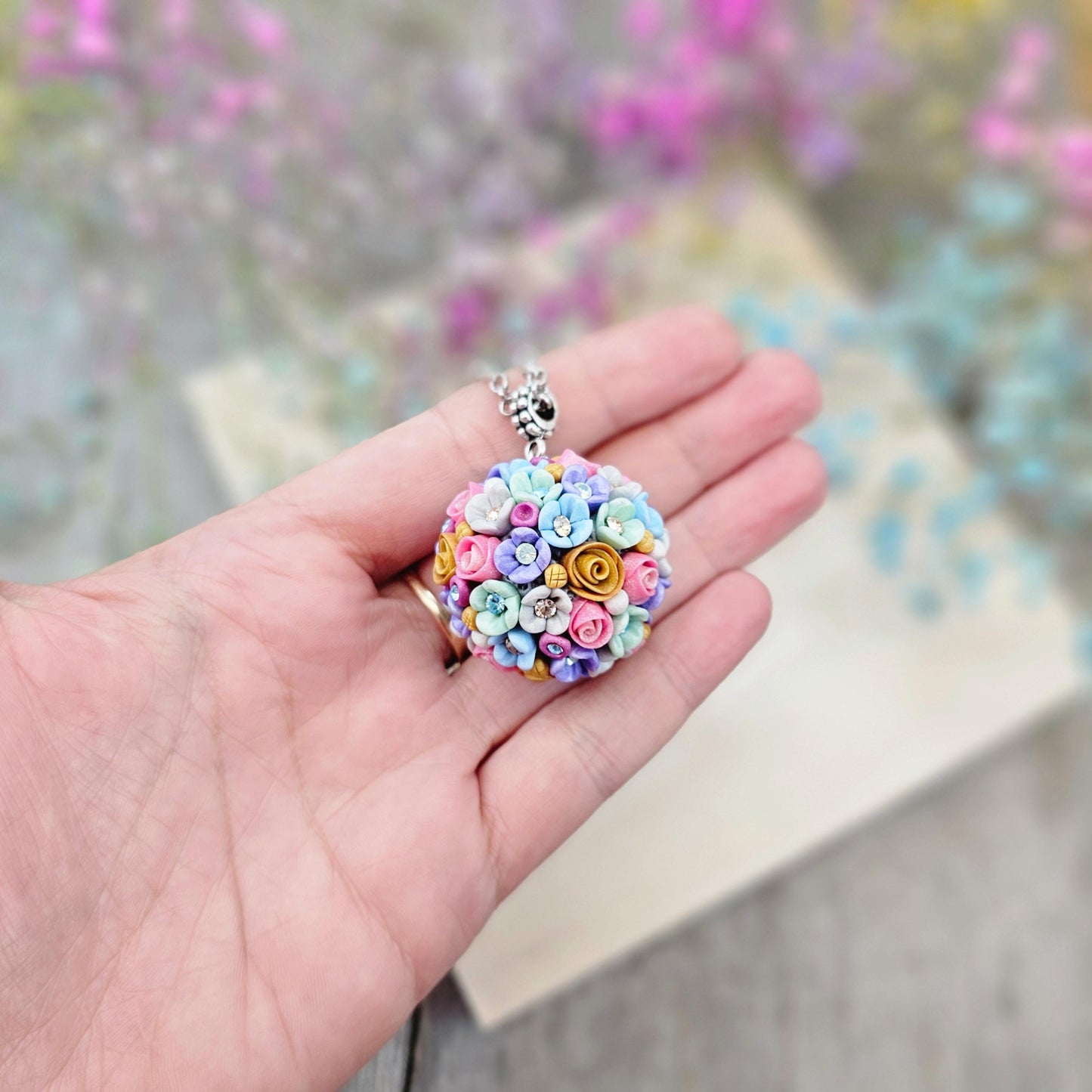 Colorful Spring Blossom Polymer Clay Ball Pendant on Silver color Metal Chain