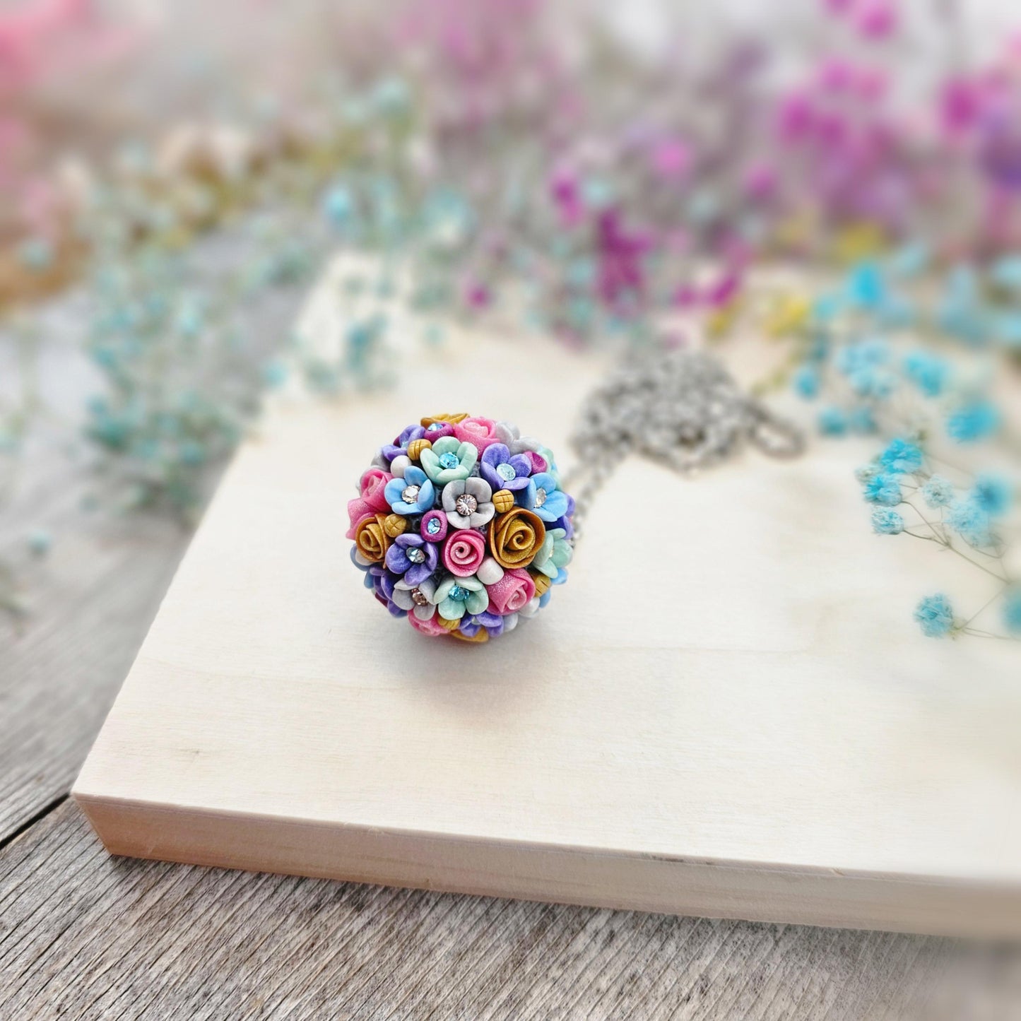 Colorful Spring Blossom Polymer Clay Ball Pendant on Silver color Metal Chain
