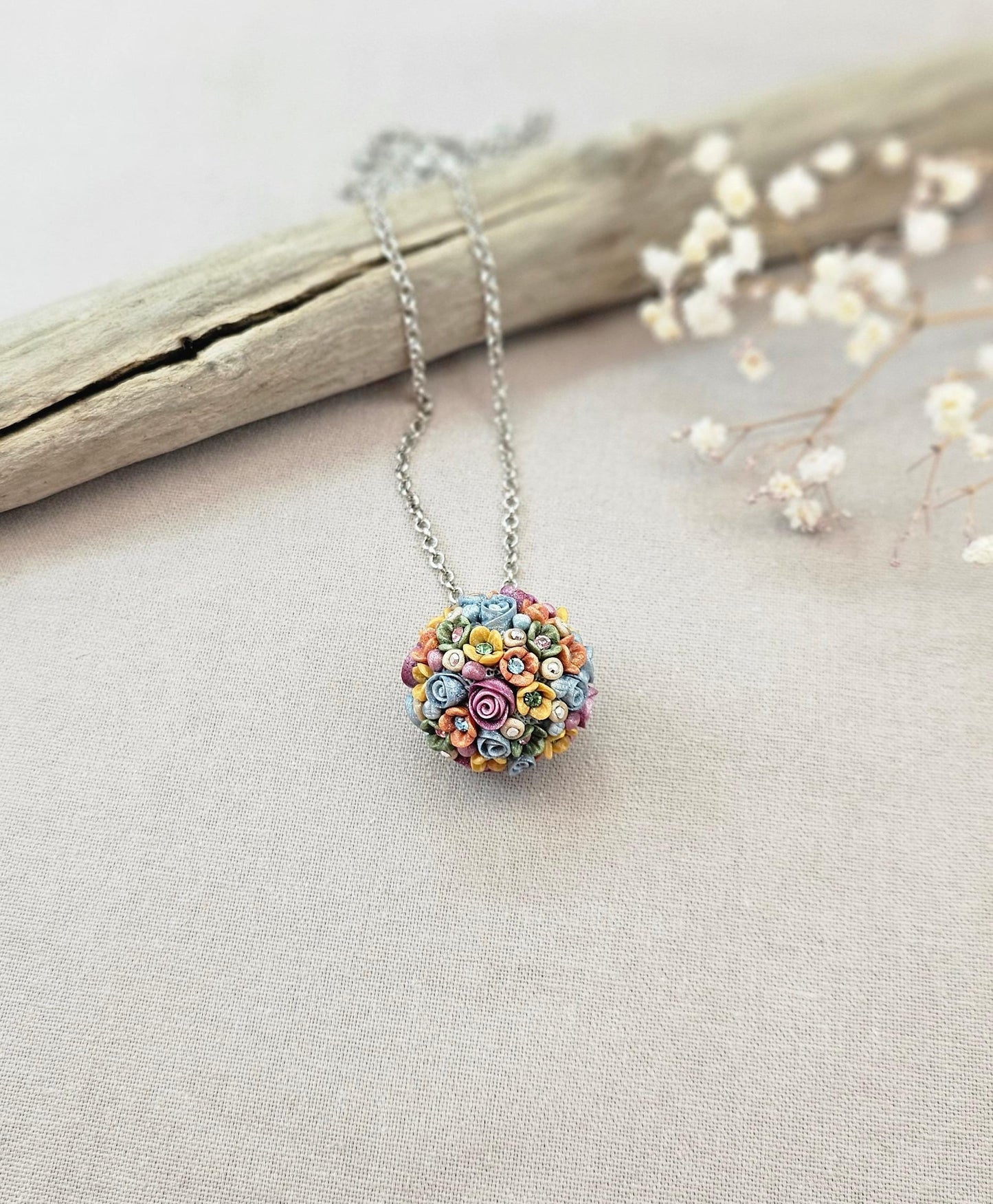Colorful Polymer Clay Flower Bouquet Pendant with Crystals, Floral Necklace, Spring Pendant with Adjustable Chain, Gift for Flowers Lover